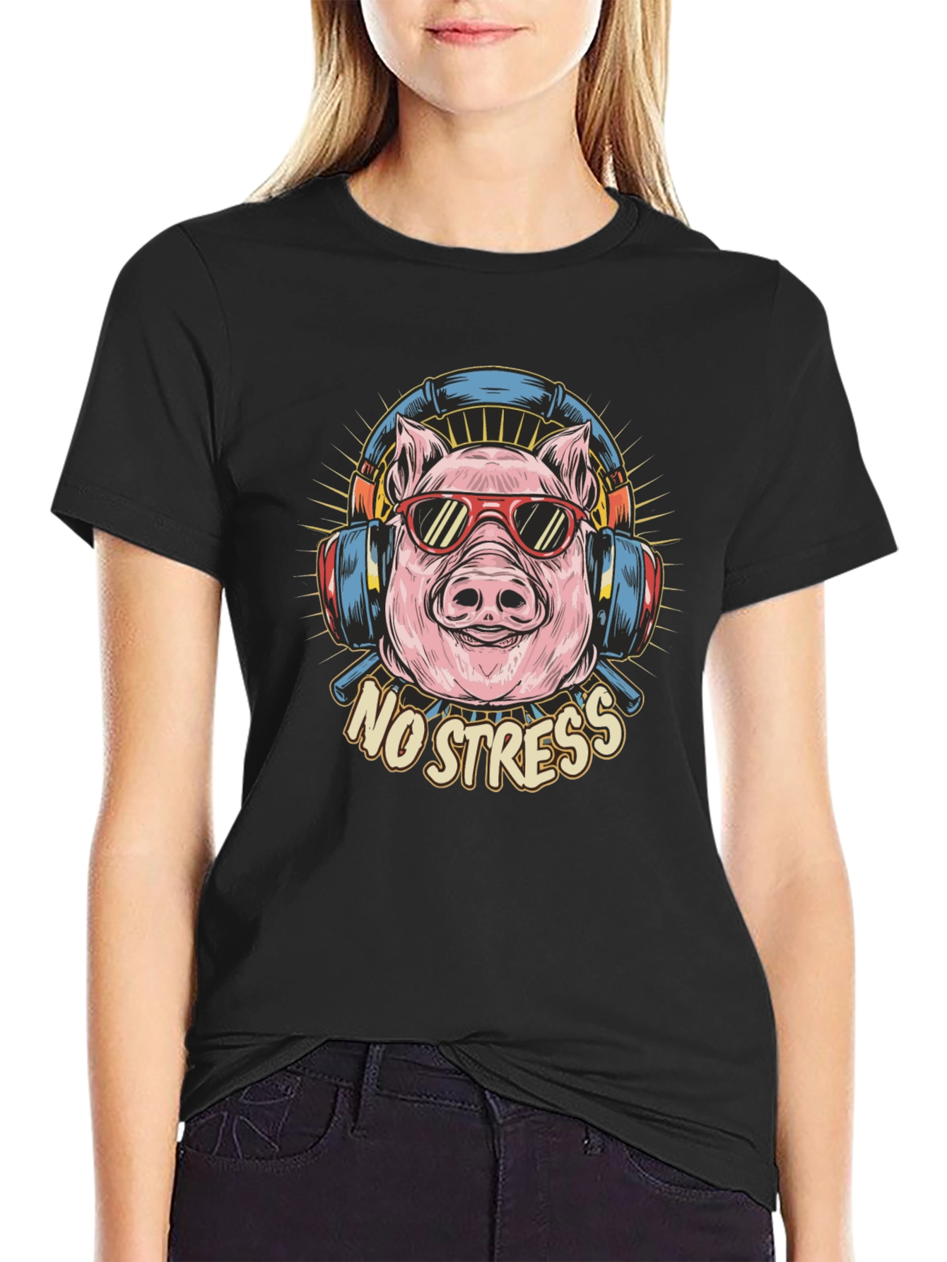 Black No Stress Pig Graphic Tee - Relaxed Fit view 2