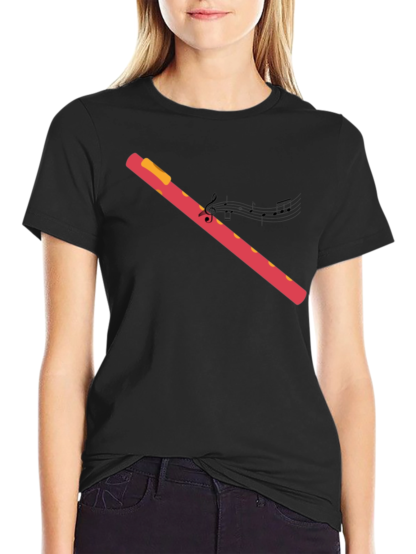 Black Musical Flute Graphic Black T-Shirt view 2