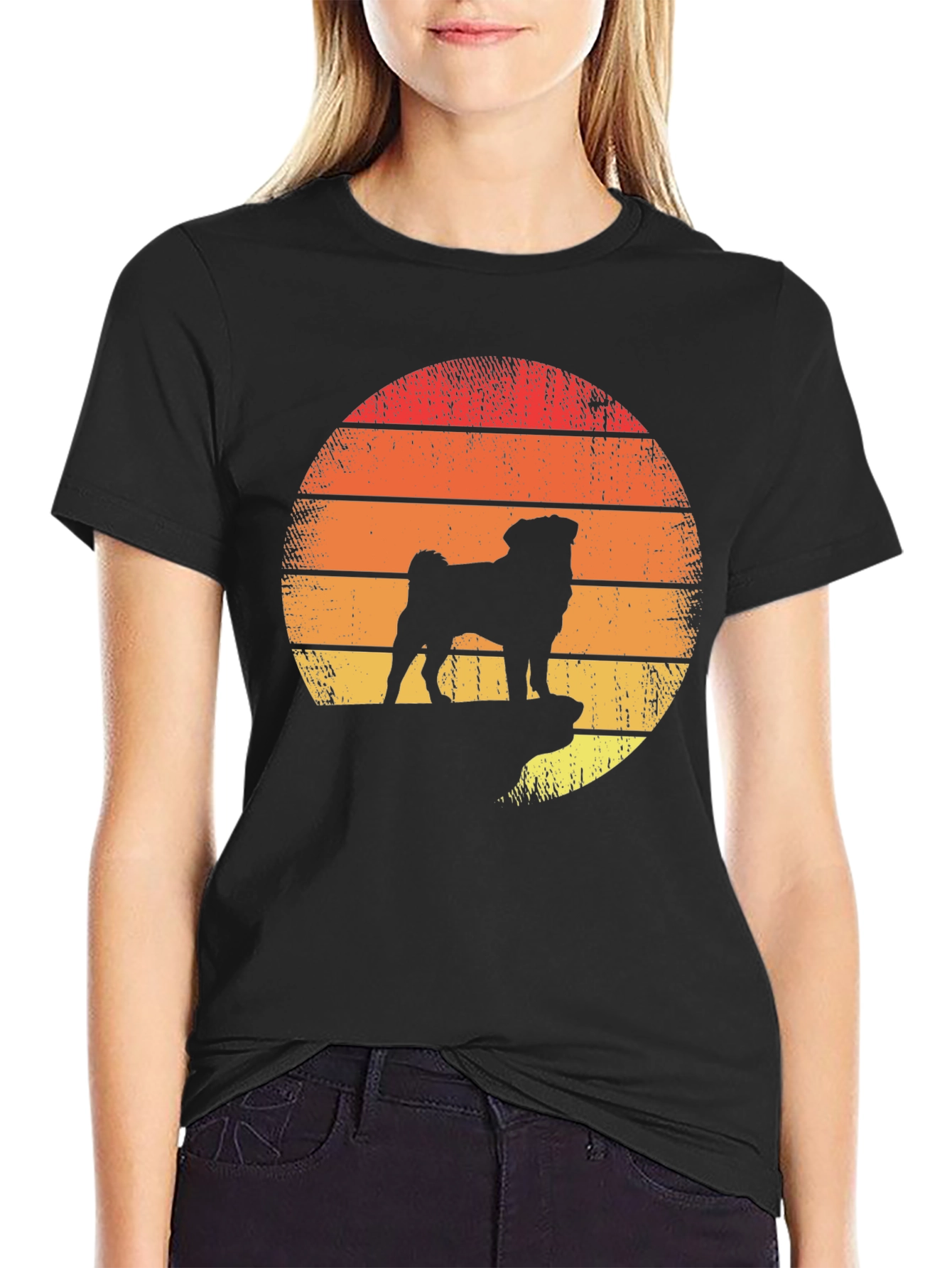 Black Retro Pug Sunset Graphic Tee - Black Cotton Blend view 2
