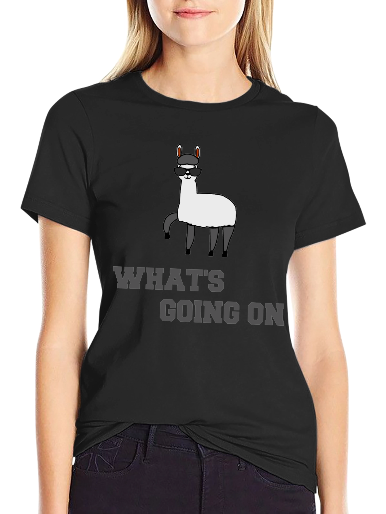 Black Cool Llama T-Shirt - "What's Going On?" Funny Tee view 2