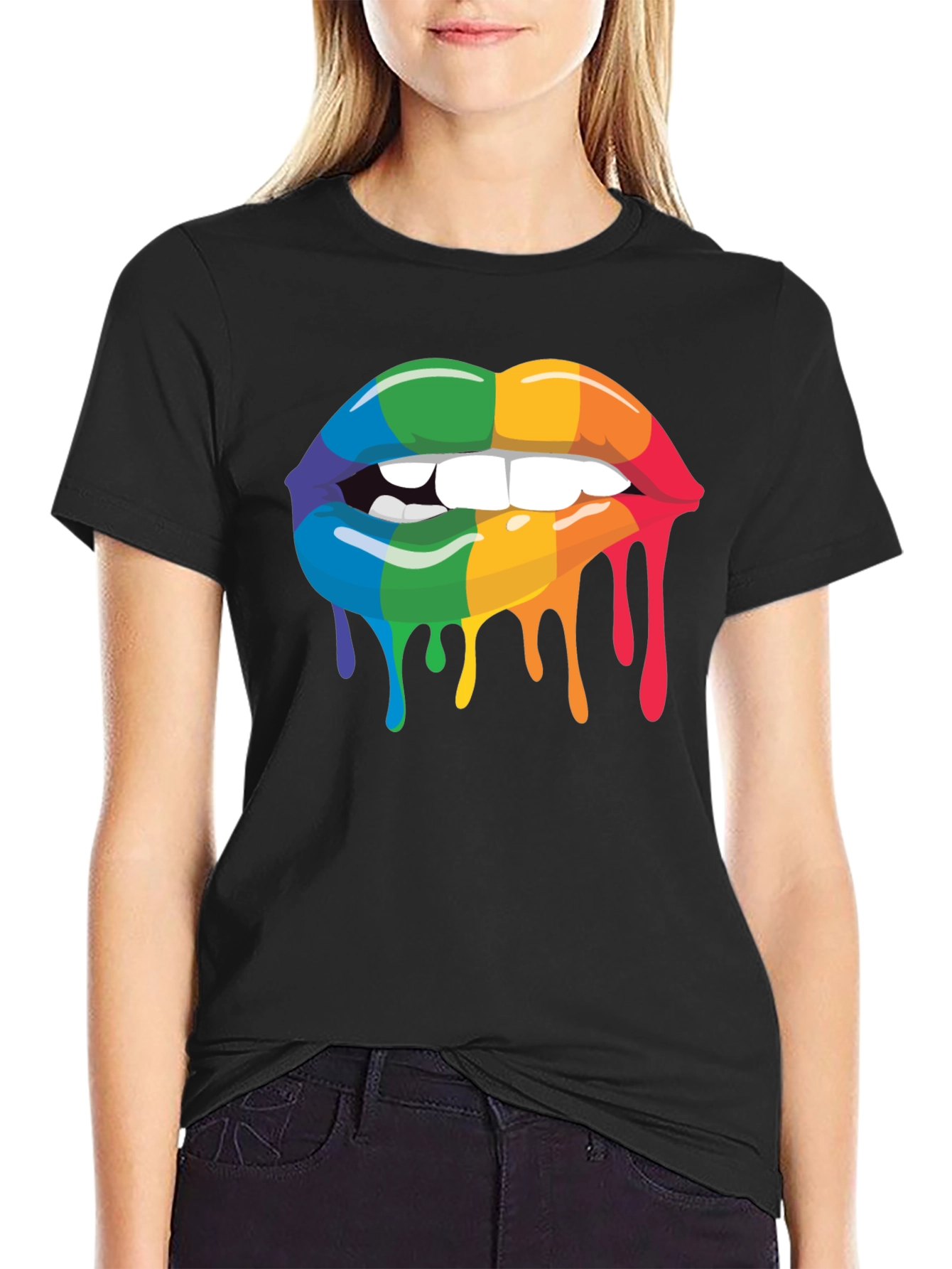 Black Rainbow Lips Graphic Tee - Black Cotton Blend view 2