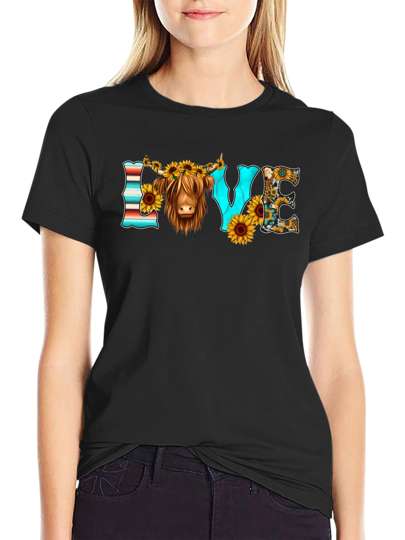 Black LOVE Highland Cow Graphic Tee view 2