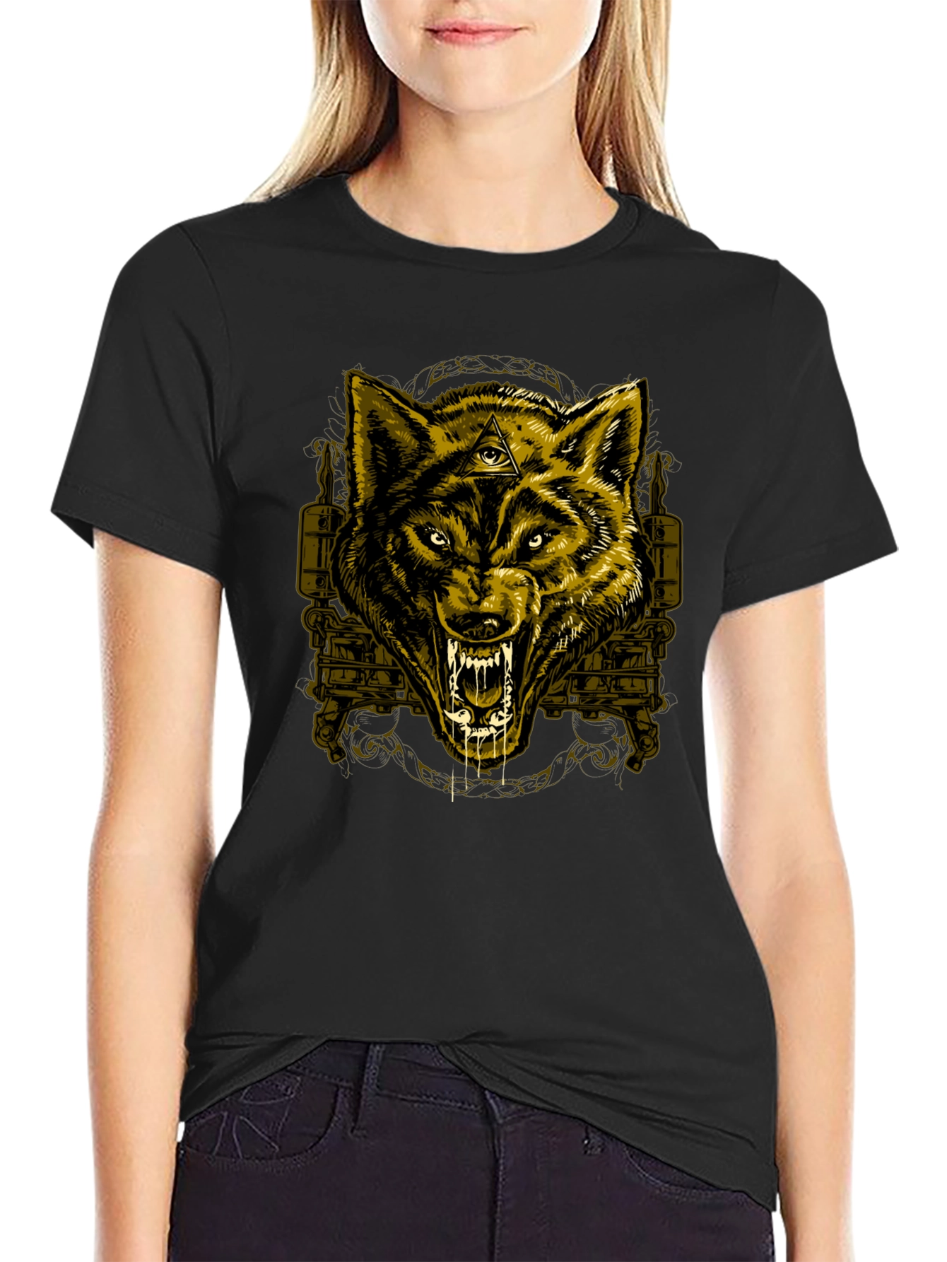Black Wolf Graphic Print Crew Neck T-Shirt view 2