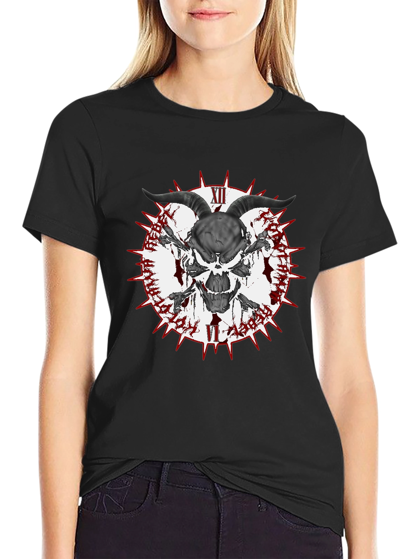 Black Skull Horns Crossbones Graphic T-Shirt - Men's Black Tee view 2