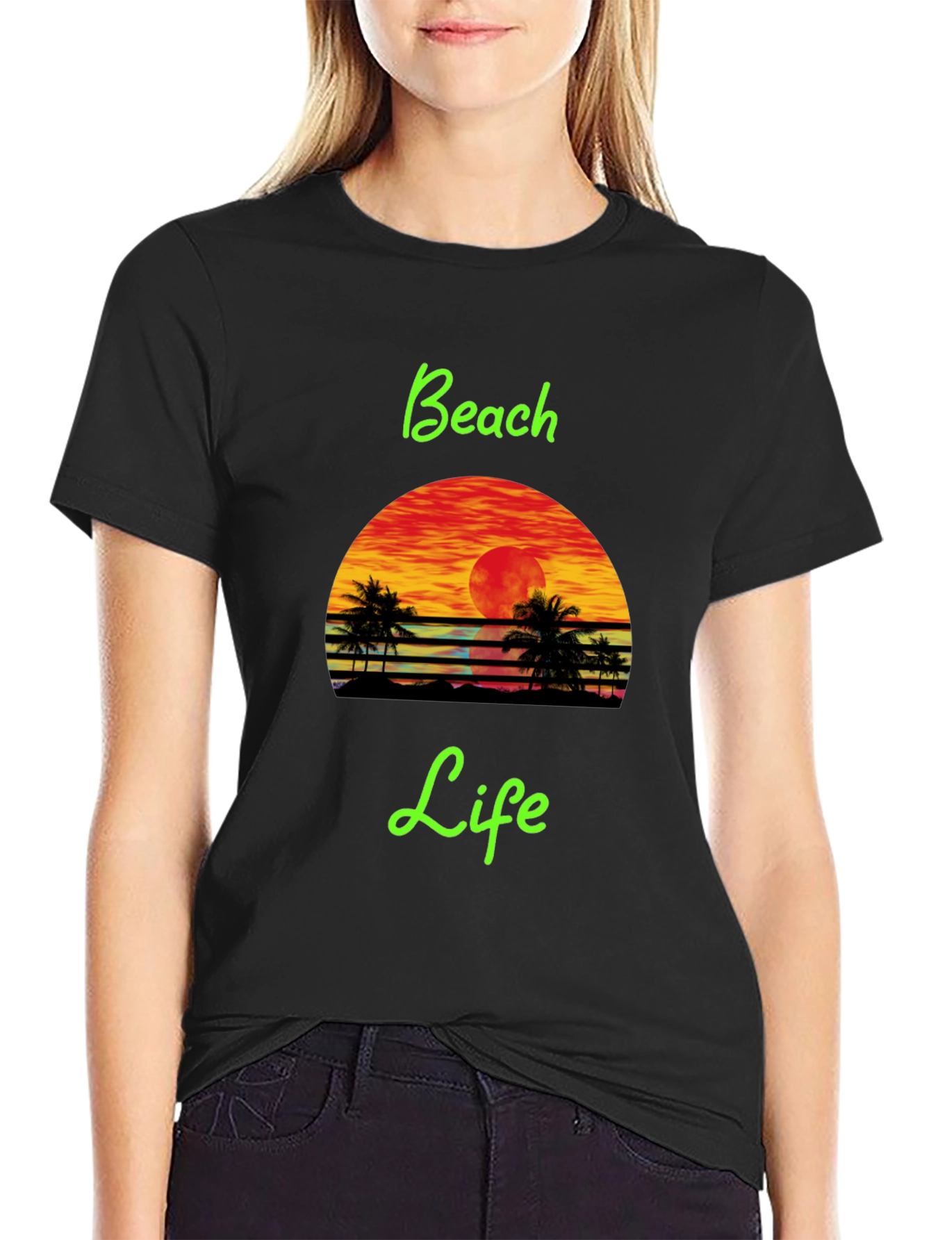 Black Beach Life Black T-Shirt Retro Sunset Palm Tree Design view 2