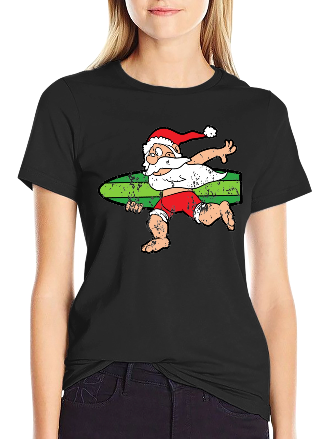 Black Surfing Santa T-Shirt - Christmas Holiday Tee view 2
