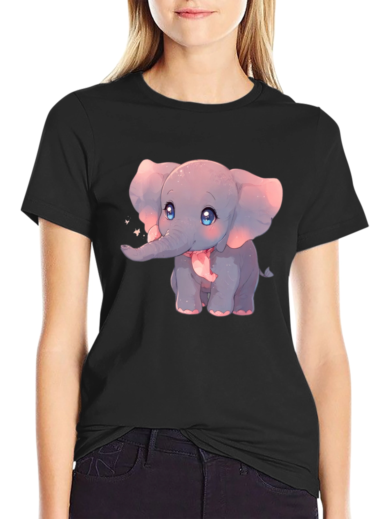 Black Cute Elephant Graphic Black T-Shirt view 2