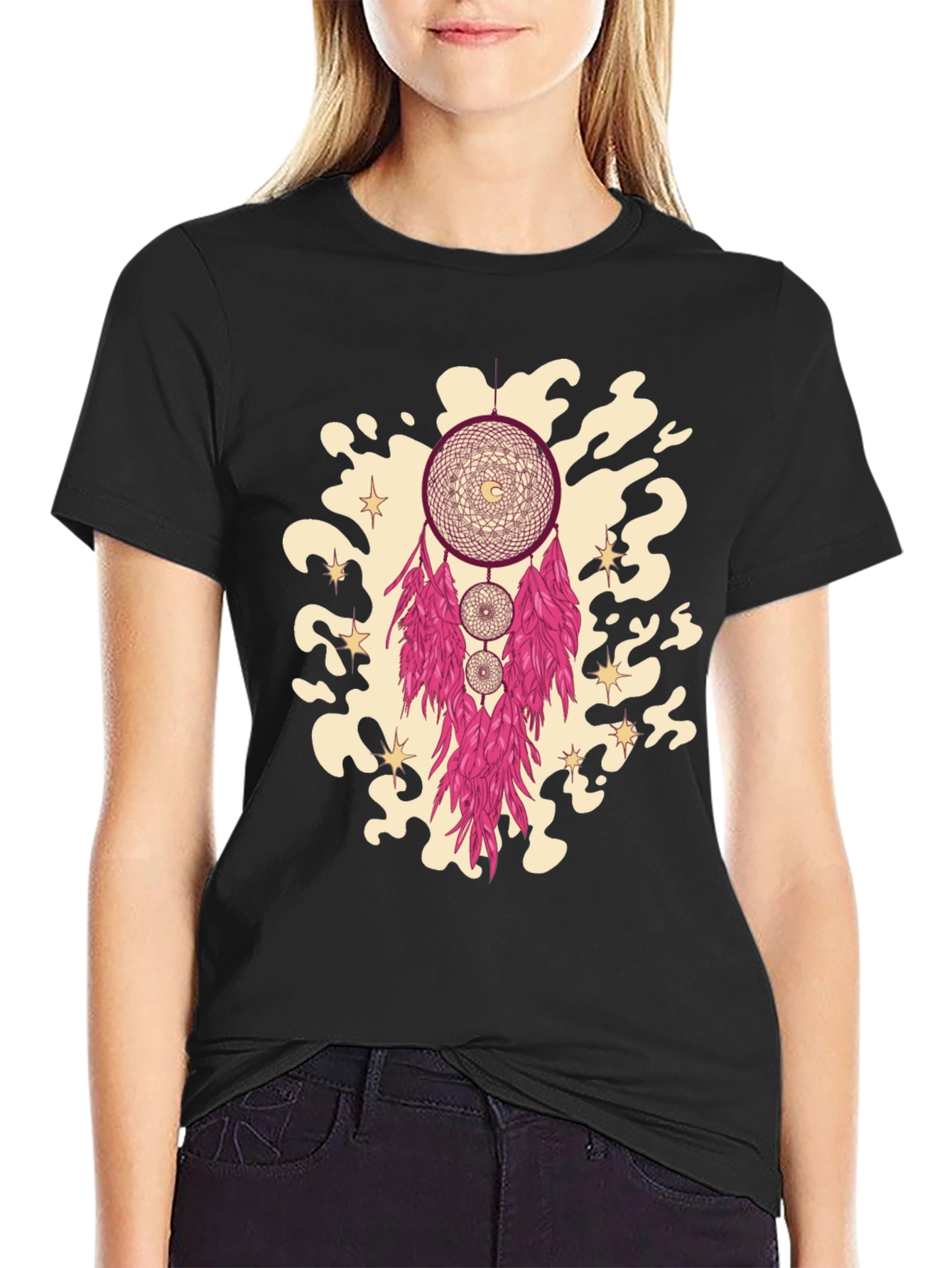 Black Dreamcatcher Graphic Tee - Stylish Black Cotton T-Shirt view 2