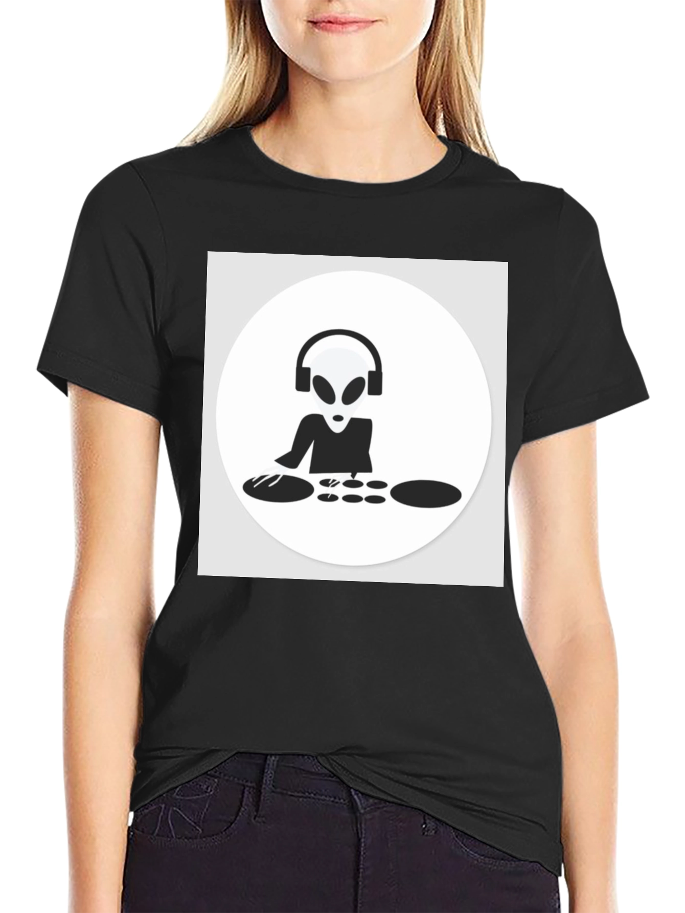 Black DJ Alien T-Shirt - Black Cotton Graphic Tee view 2