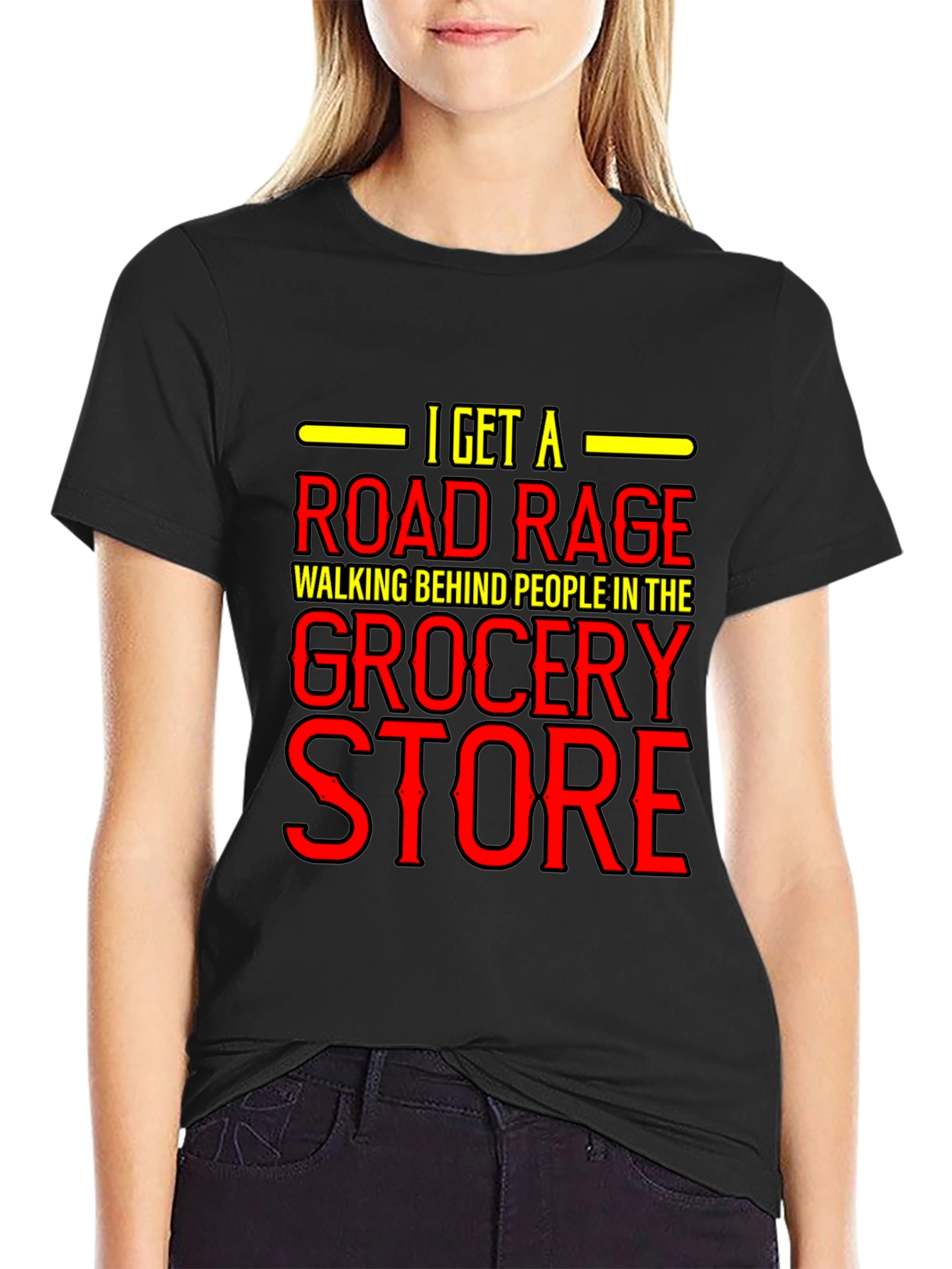 Black Road Rage Grocery Store T-Shirt - Funny Black Cotton Tee view 2