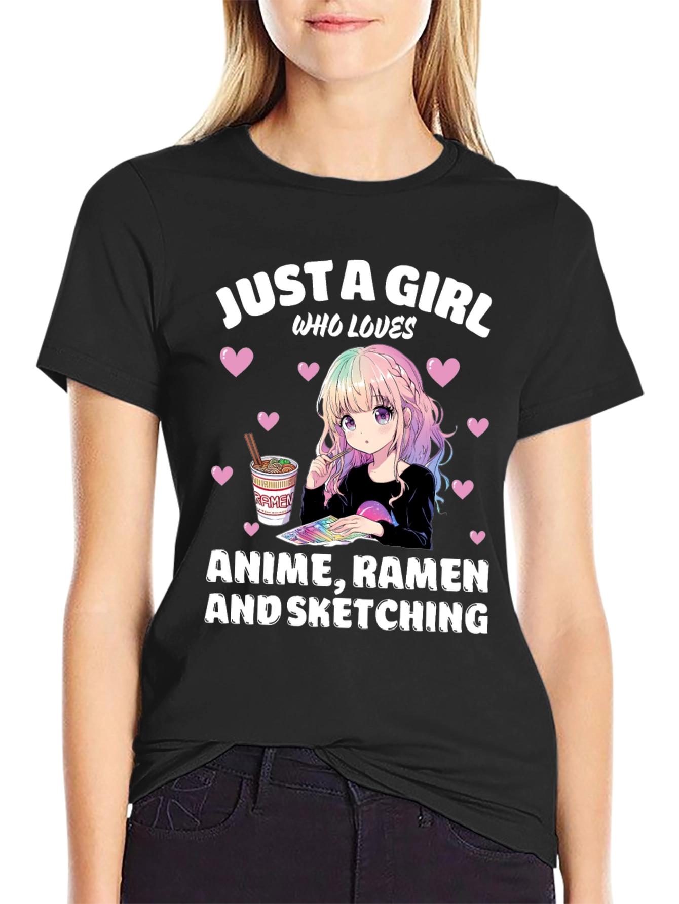 Black Anime Ramen Sketching Girl's T-Shirt view 2