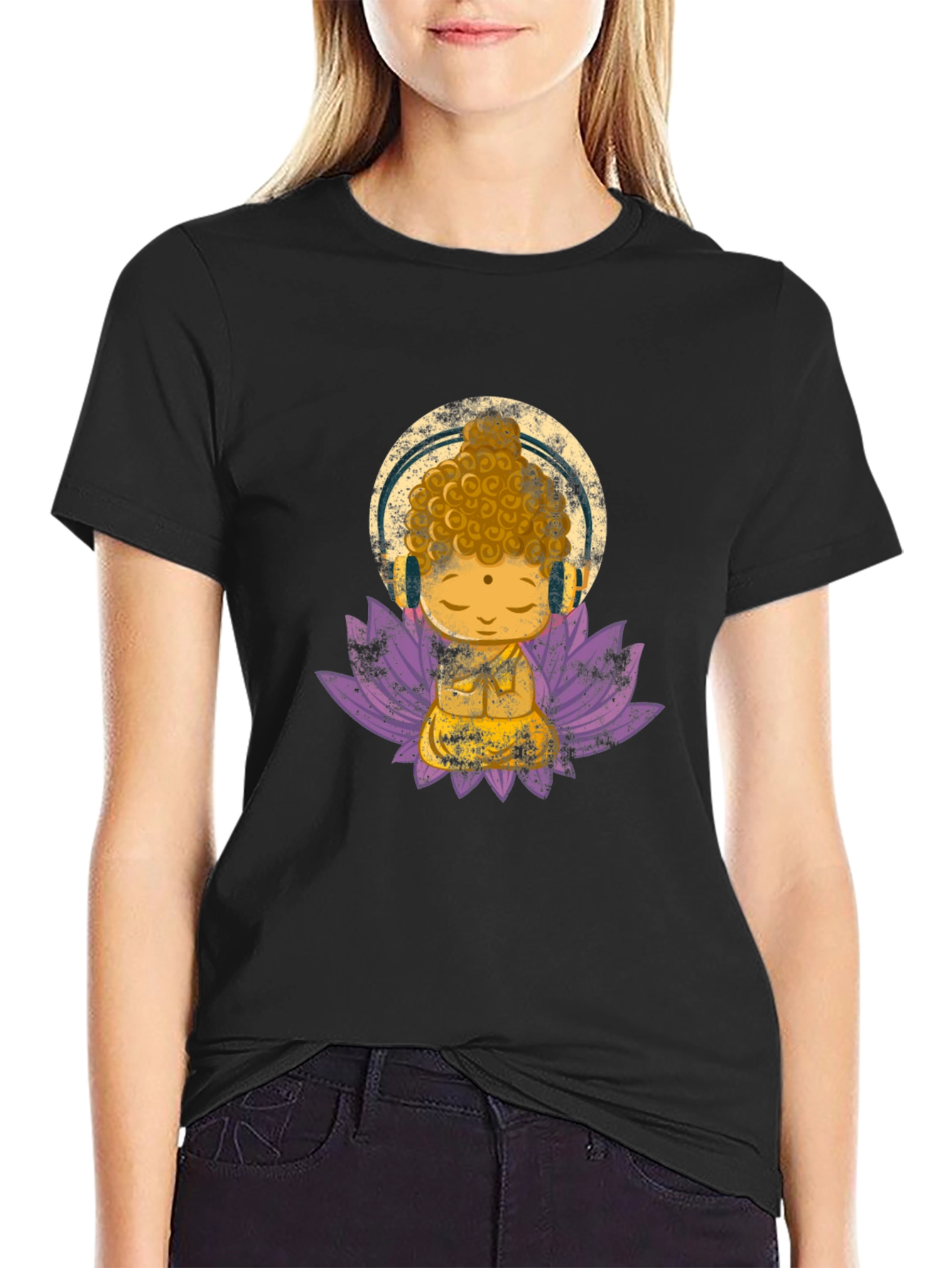 Black Buddha with Headphones Graphic Tee view 2