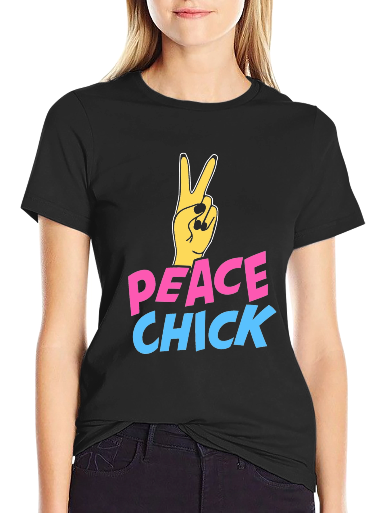 Black Peace Chick Graphic Tee - Black Cotton T-Shirt view 2