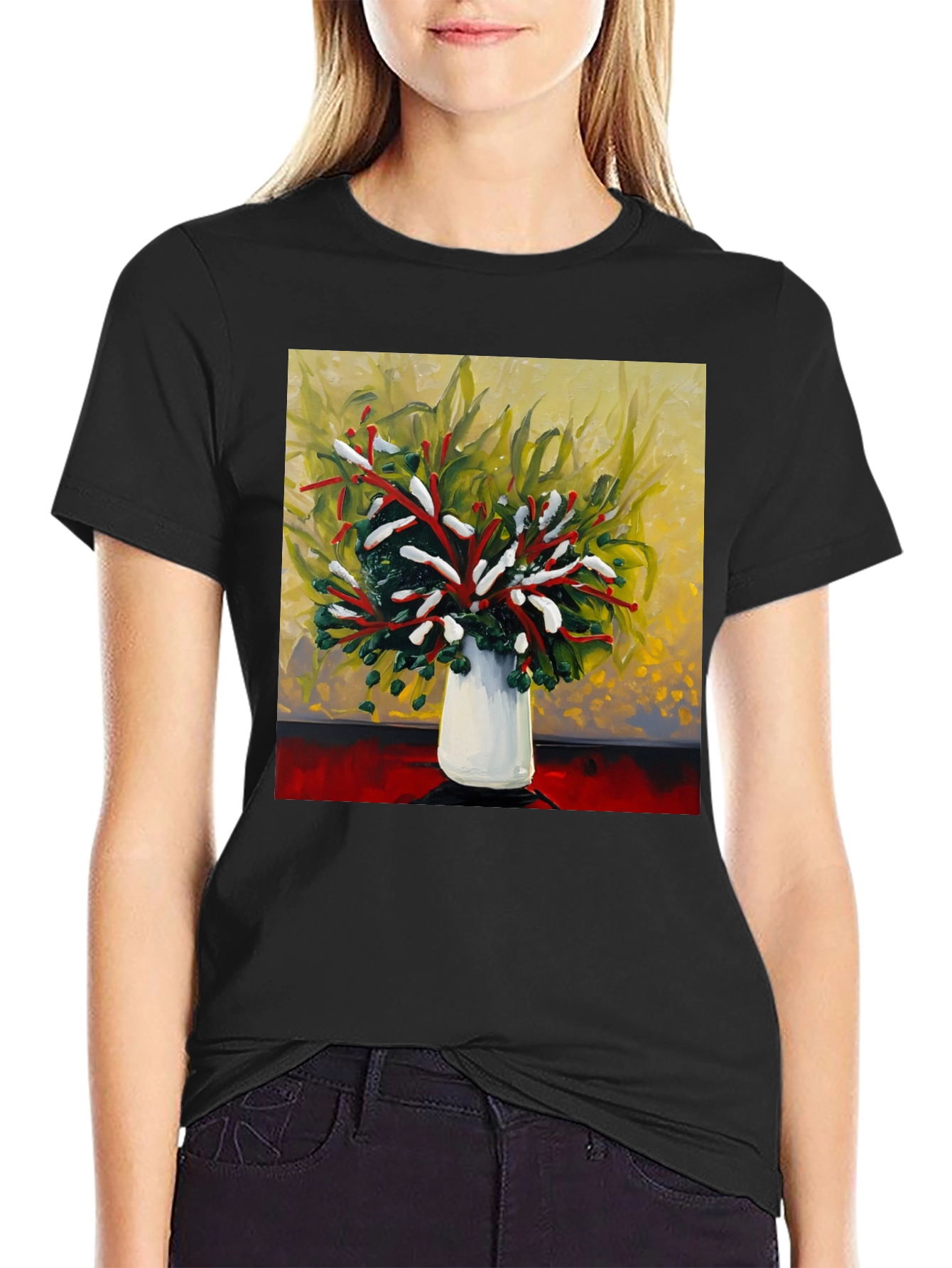 Black Floral Bouquet Graphic Tee - Abstract Art Shirt view 2