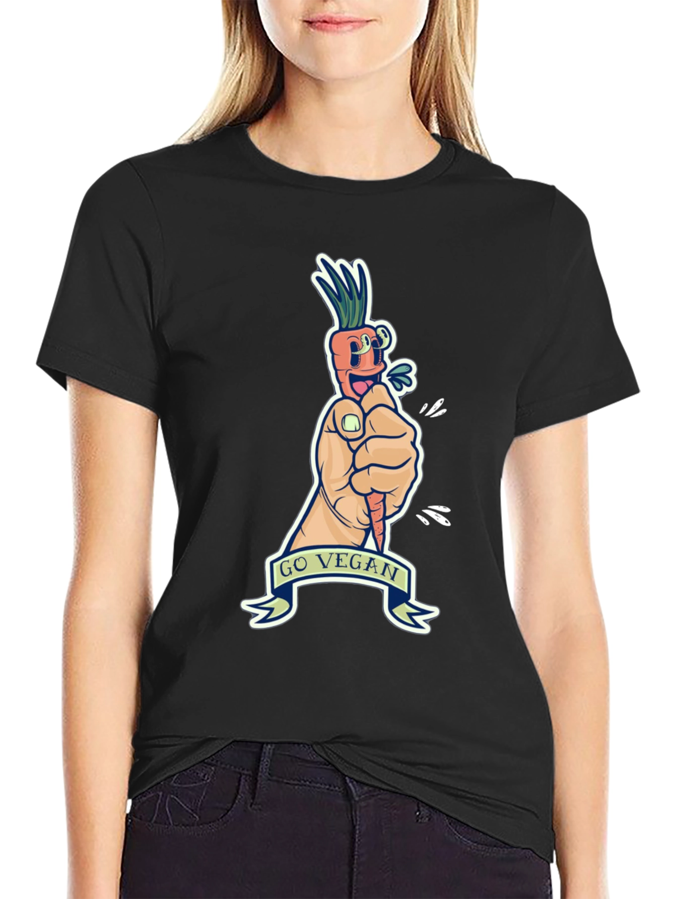 Black Go Vegan Carrot Graphic Tee - Black Cotton T-Shirt view 2
