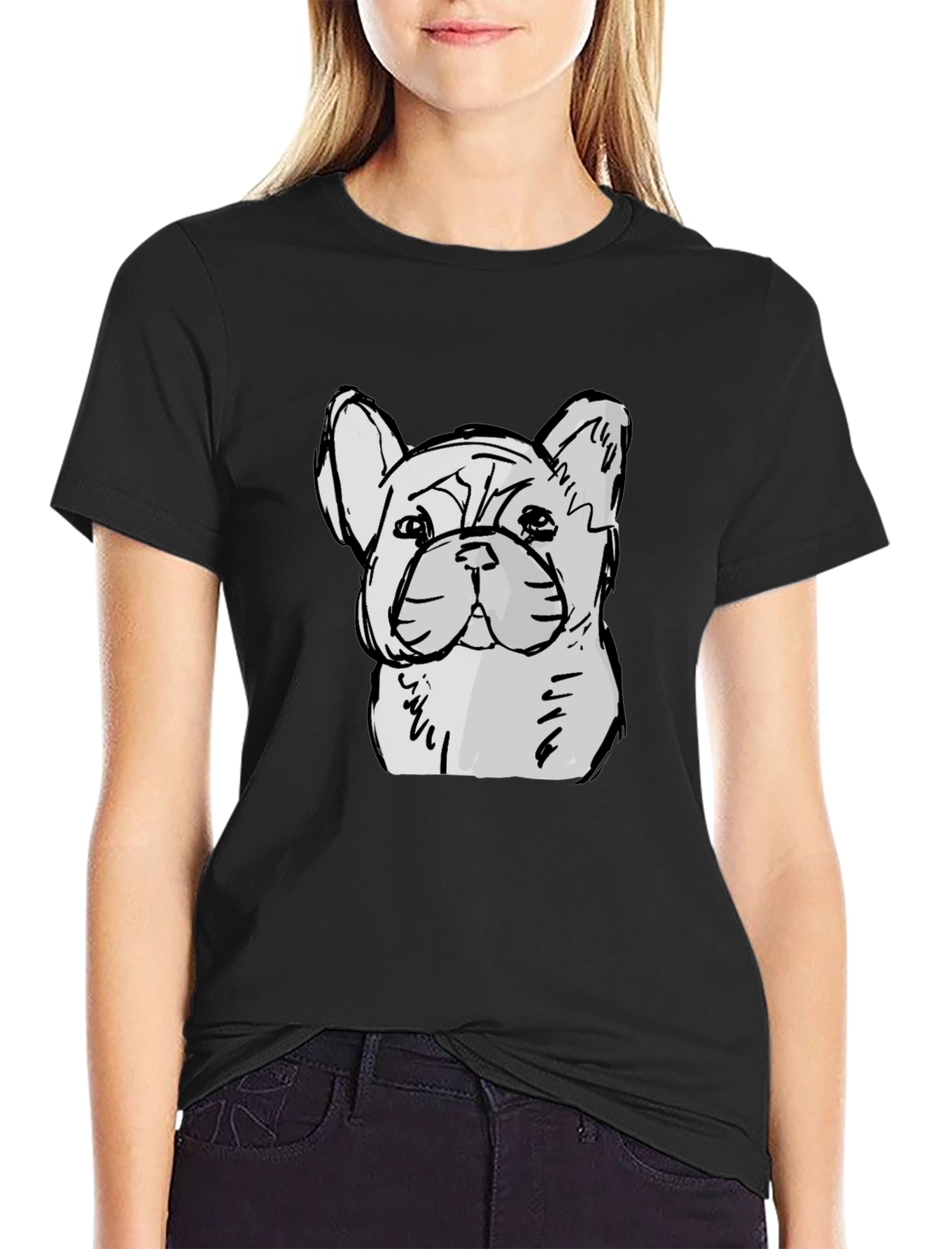 Black French Bulldog Sketch Graphic Black T-Shirt view 2