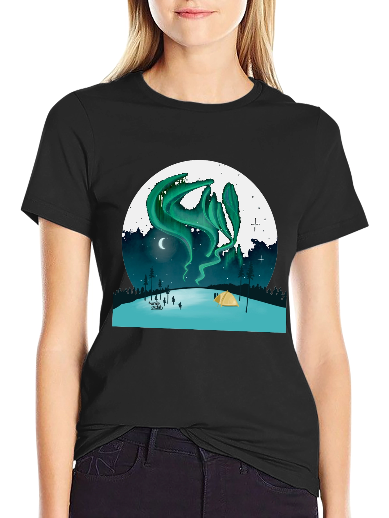 Black Aurora Camping T-Shirt - Northern Lights Adventure Tee view 2