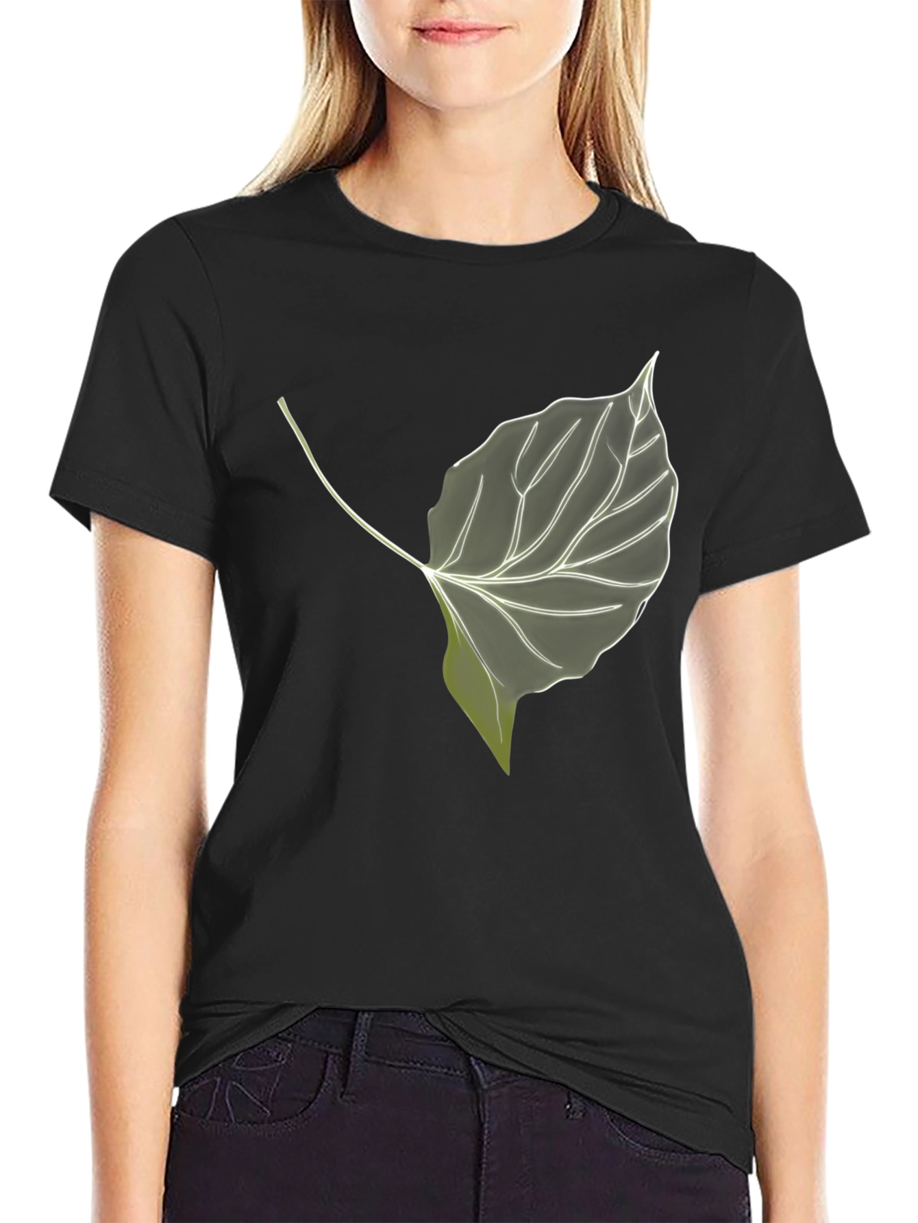 Black Leaf Print Black T-Shirt - Nature Inspired Style view 2