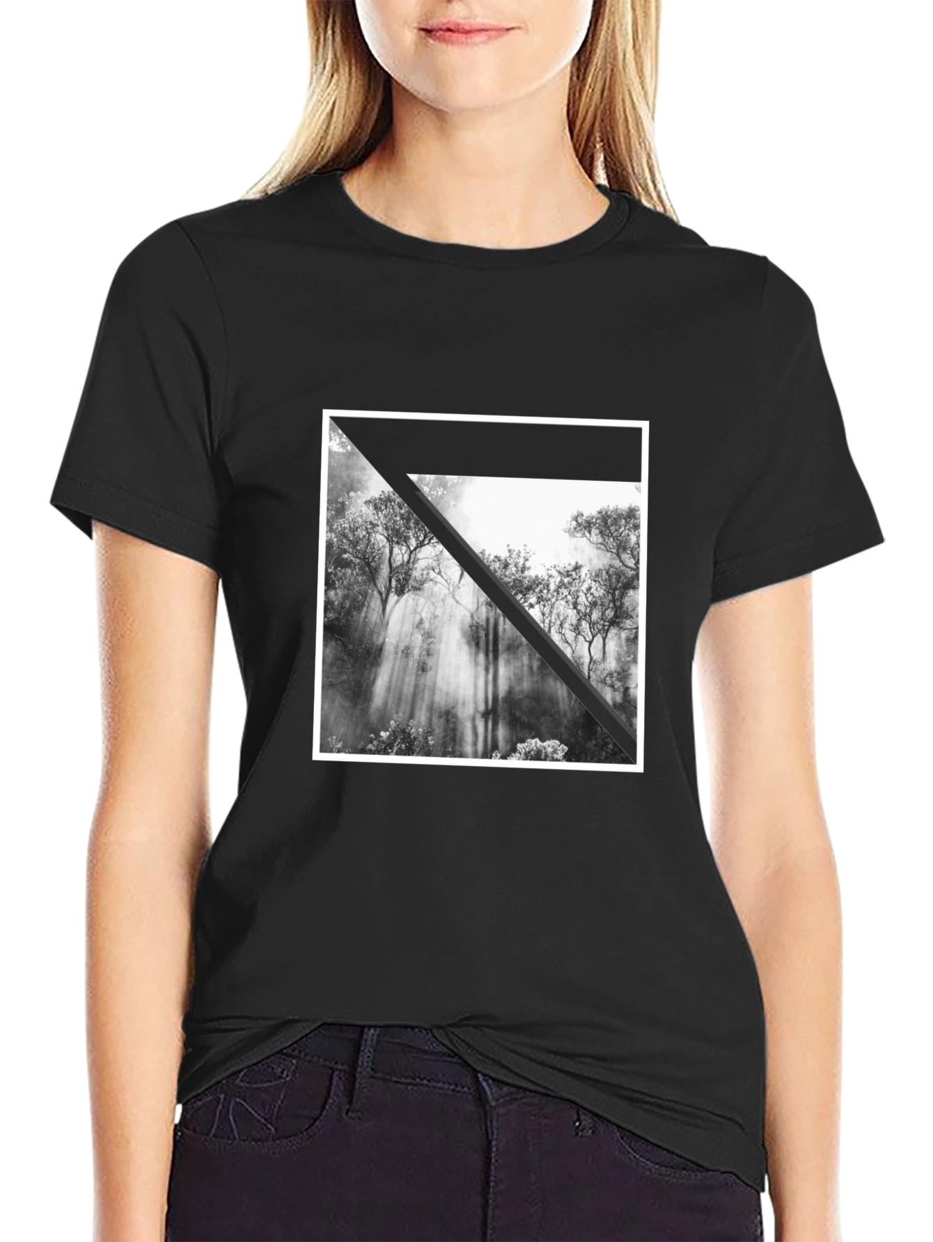Black Abstract Forest Graphic Tee - Black Cotton T-Shirt view 2