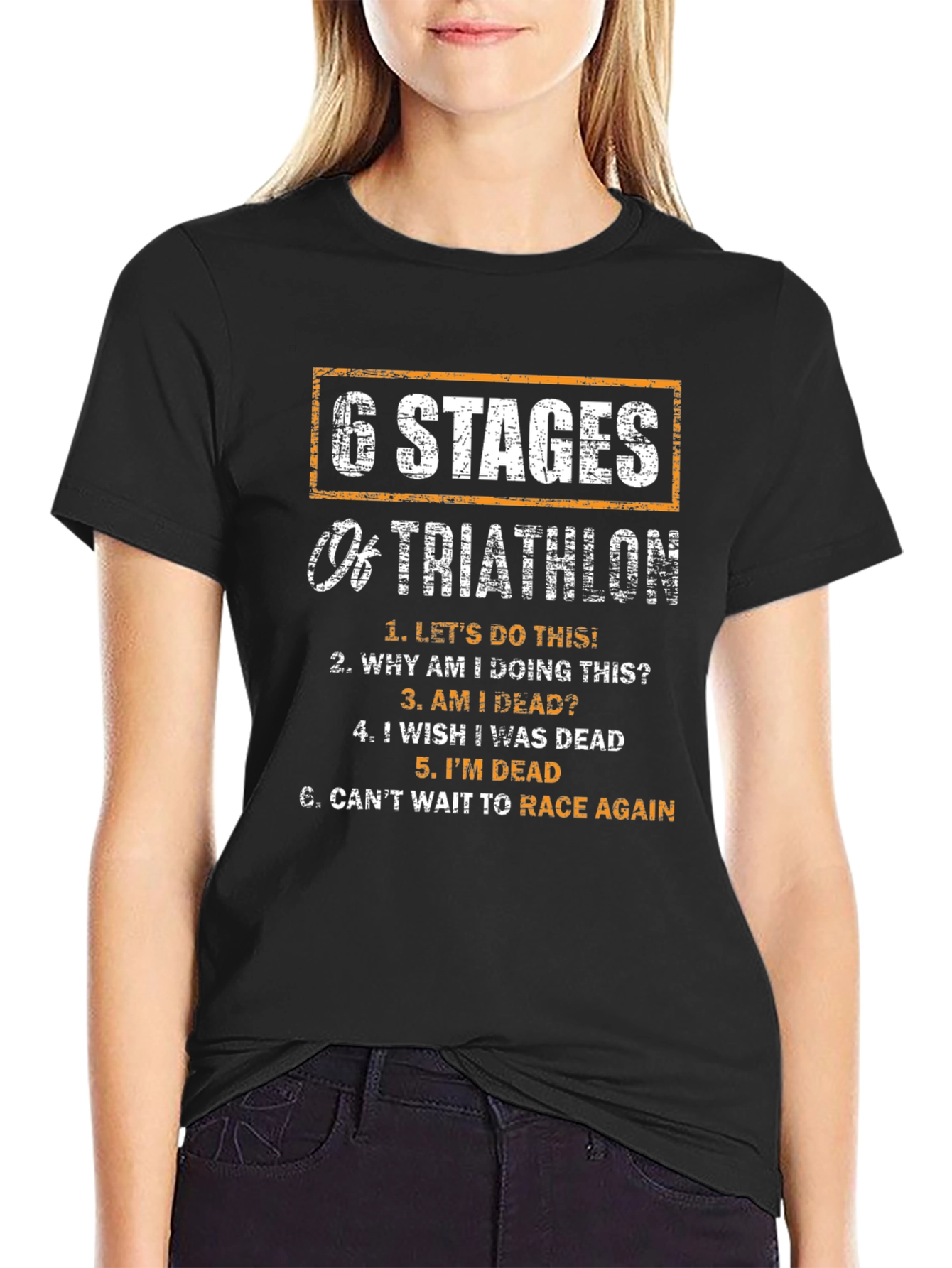Black 6 Stages of Triathlon Funny T-Shirt view 2