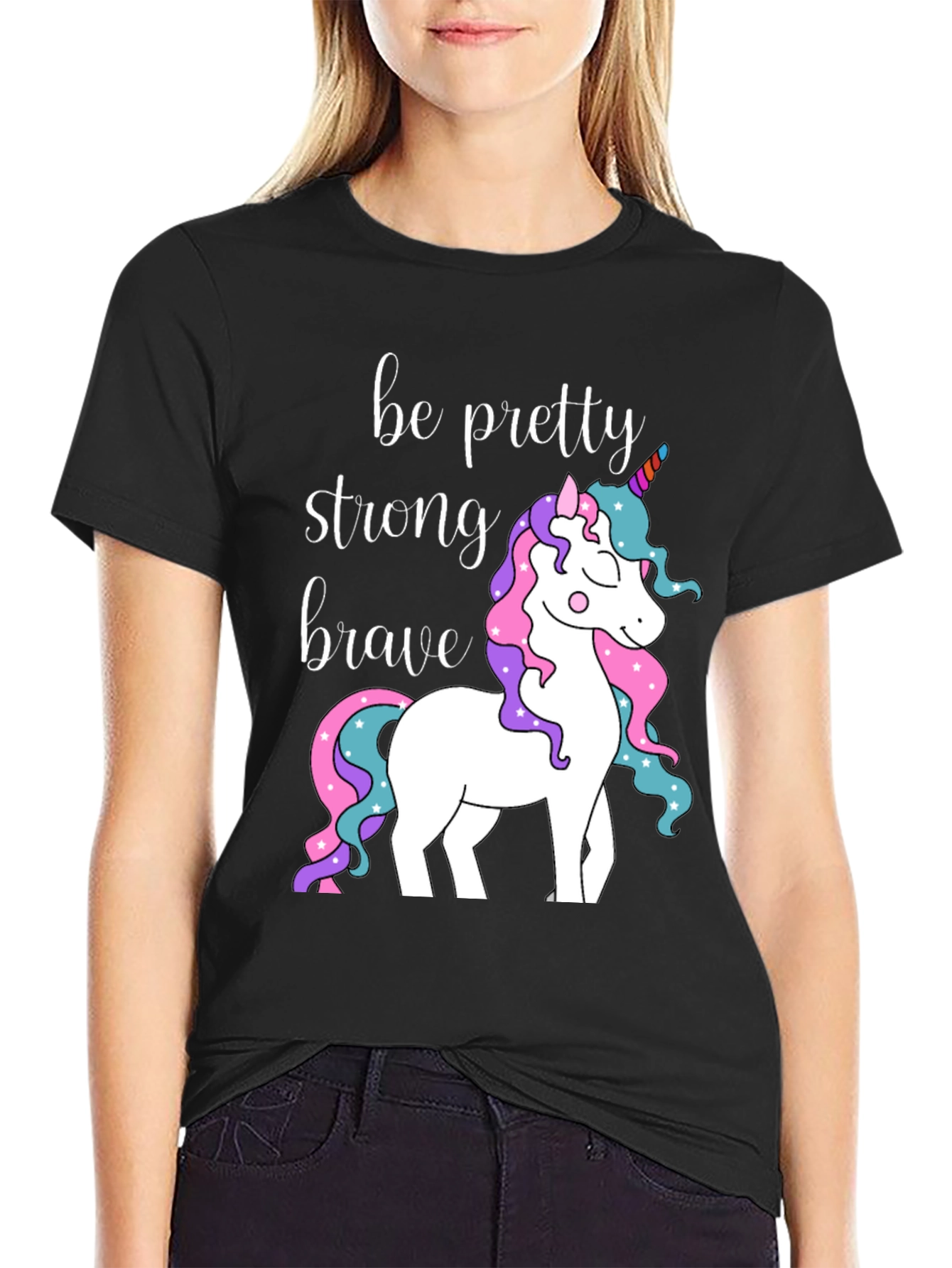 Black Be Pretty Strong Brave Unicorn Graphic T-Shirt view 2