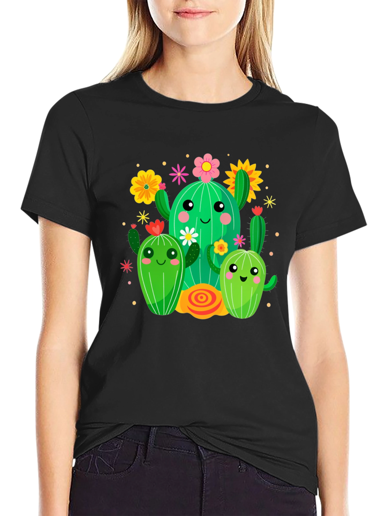 Black Cute Cactus Crew Graphic Tee - Fun & Stylish view 2