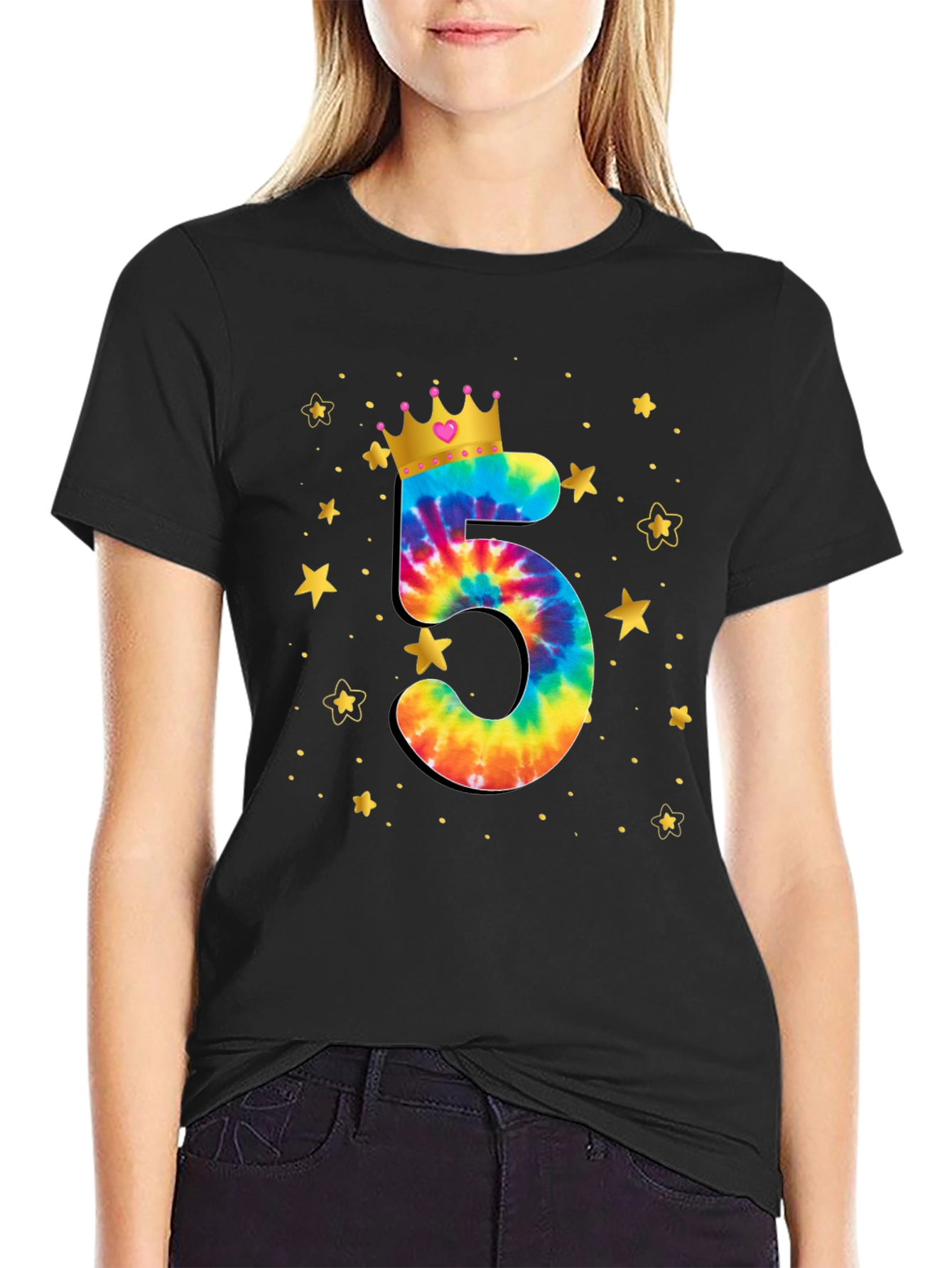 Black Birthday Number 5 Tie Dye Crown Kids T-Shirt view 2