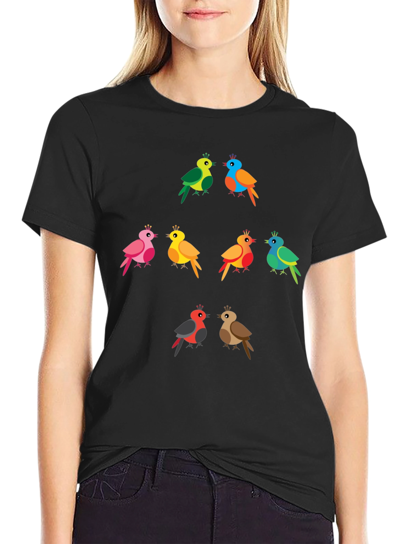 Black Colorful Birds Graphic Tee - Fun & Unique Design view 2