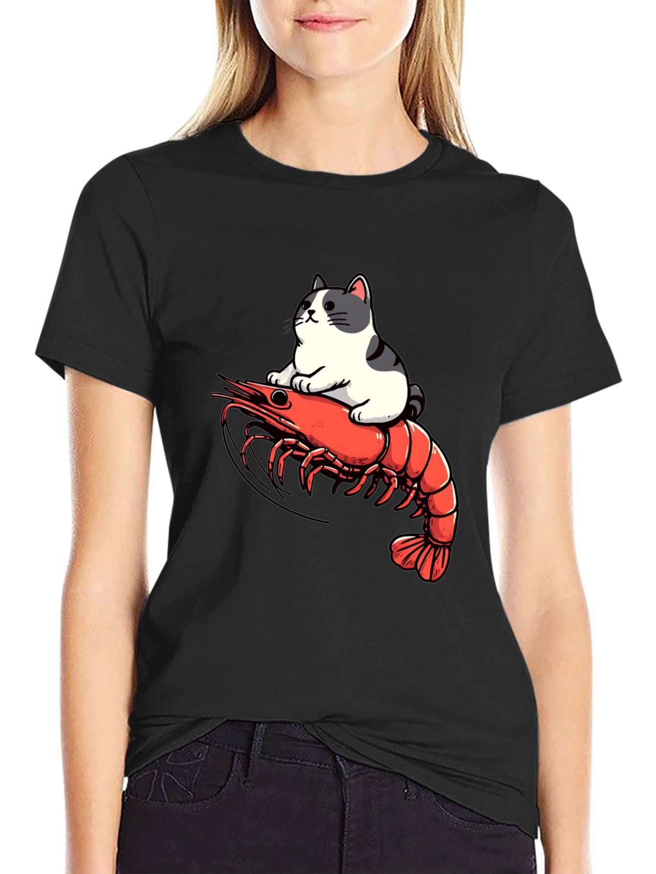 Black Cat Riding Shrimp T-Shirt - Funny Graphic Tee view 2