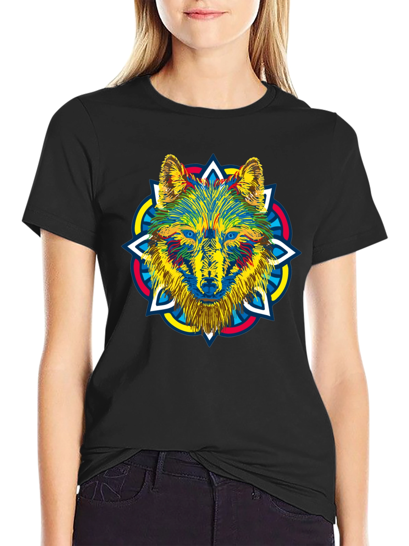 Black Wolf Mandala Graphic Print Men's Black T-Shirt view 2