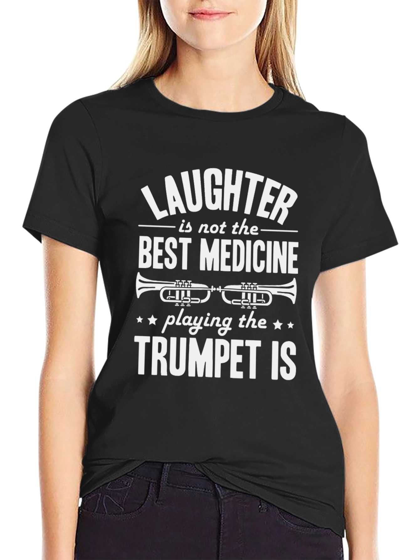 Black Trumpet Player T-Shirt - Laughter Isn't Best Medicine view 2