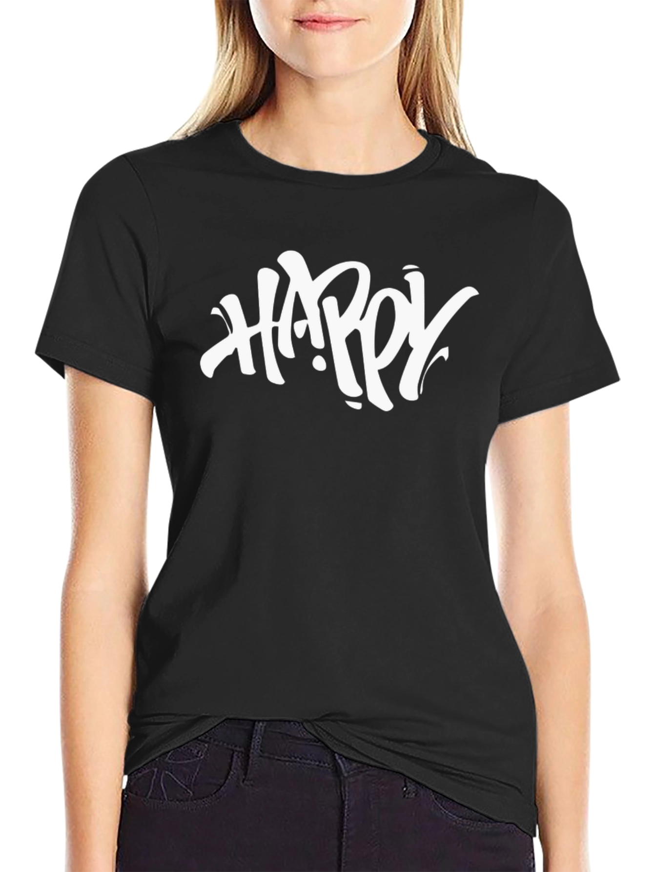 Black Happy Graphic Black T-Shirt - Casual Style view 2
