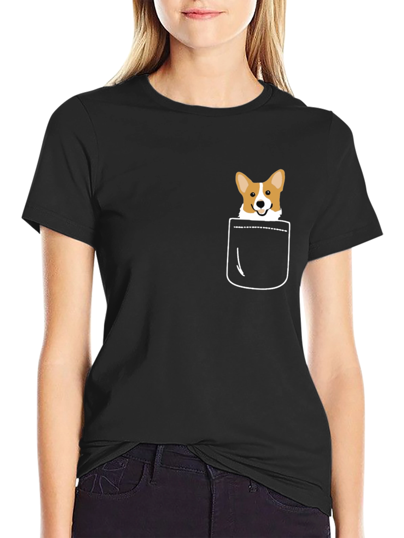 Black Corgi Pocket T-Shirt - Cute Dog Graphic Tee view 2