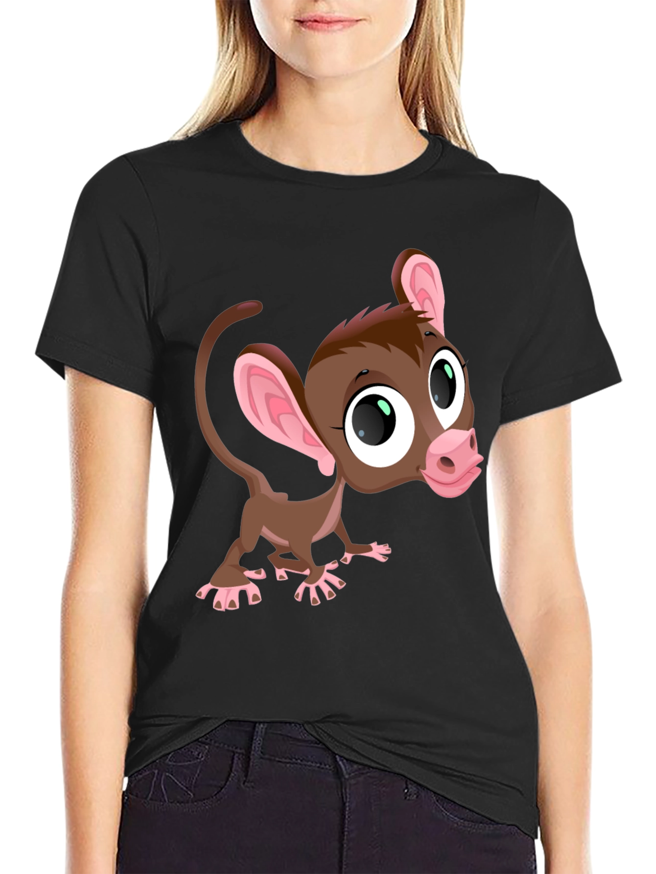Black Cute Cartoon Monkey Graphic Tee - Black view 2