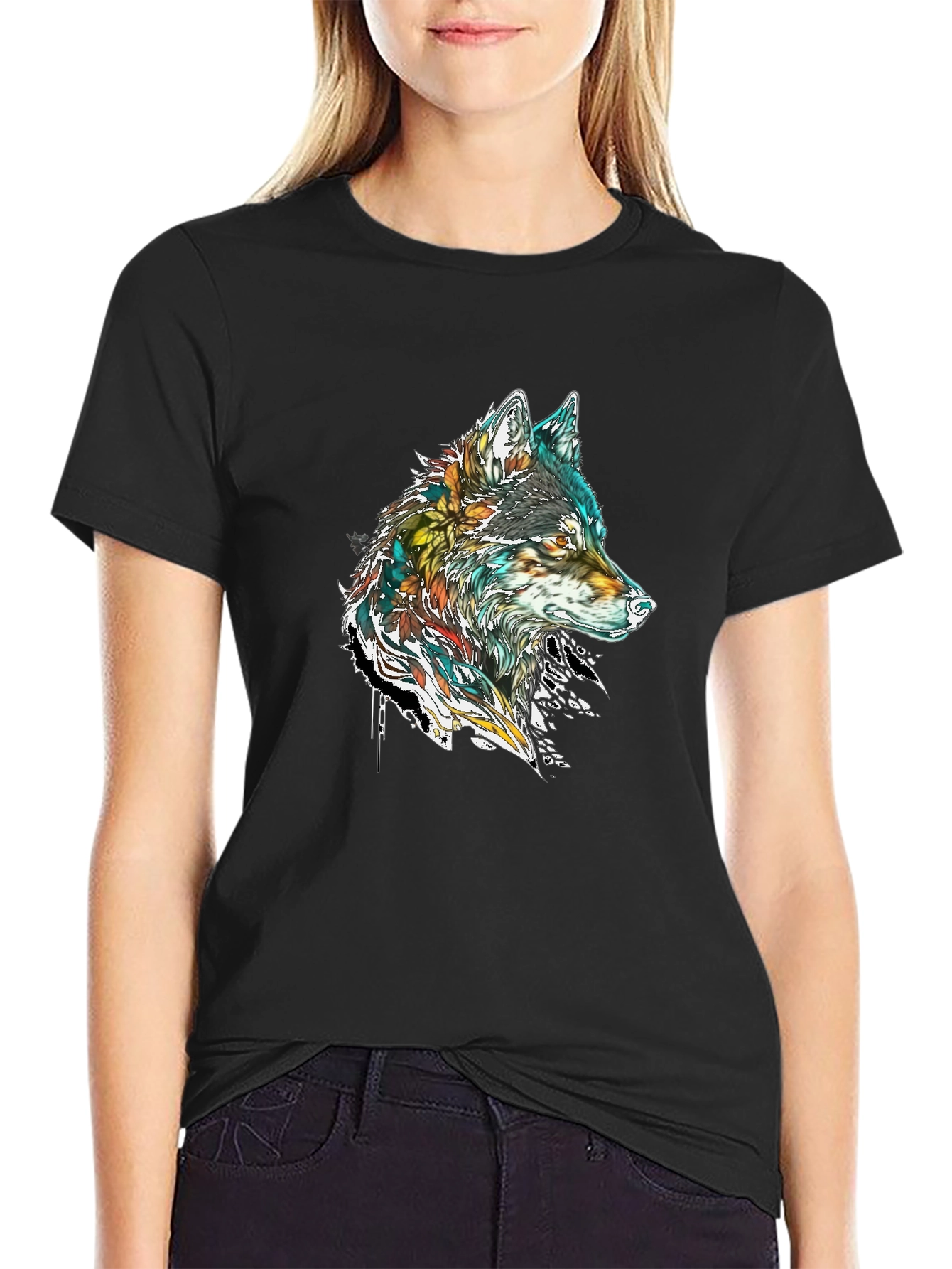 Black Wolf Graphic Print Black T-Shirt view 2