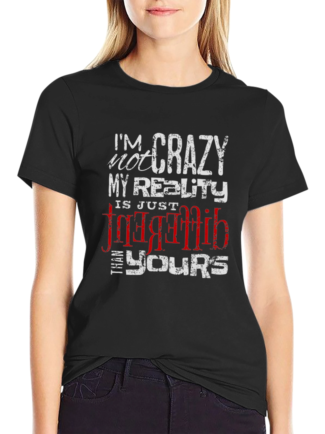 Black Crazy Reality Graphic Tee - Black Cotton Blend T-Shirt view 2