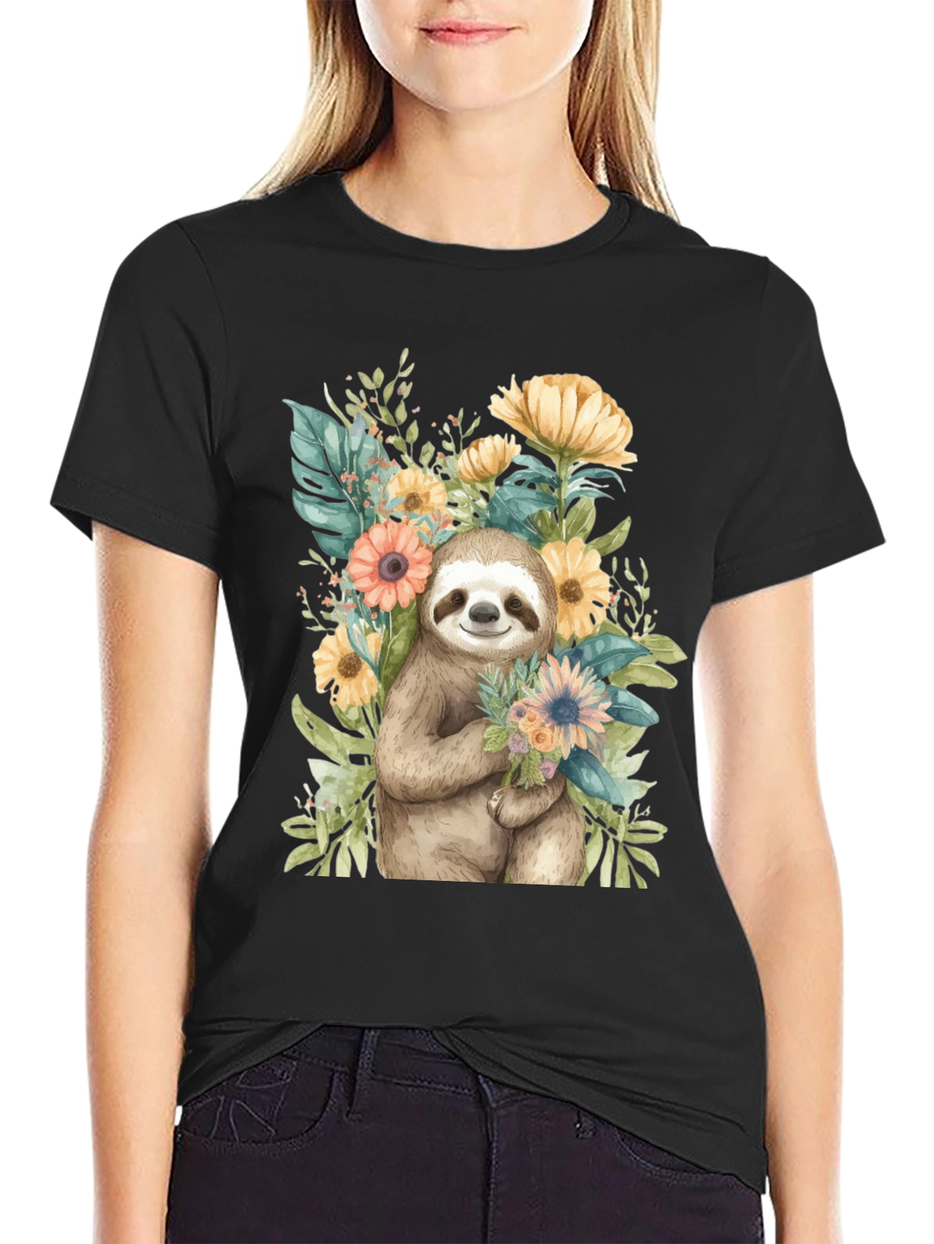 Black Sloth & Floral Graphic Tee view 2