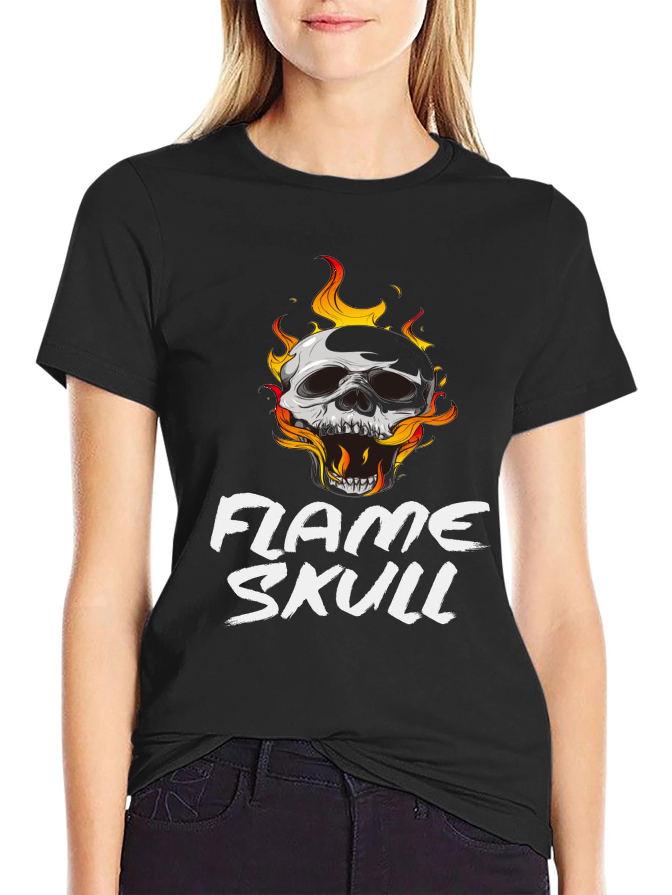 Black Flame Skull Graphic Black T-Shirt view 2