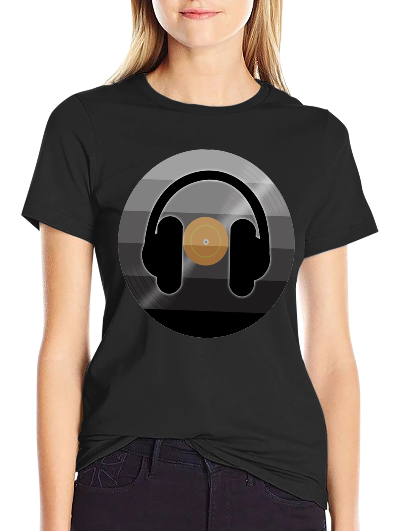 Black Headphones Record Graphic T-Shirt - Music Lover Tee view 2