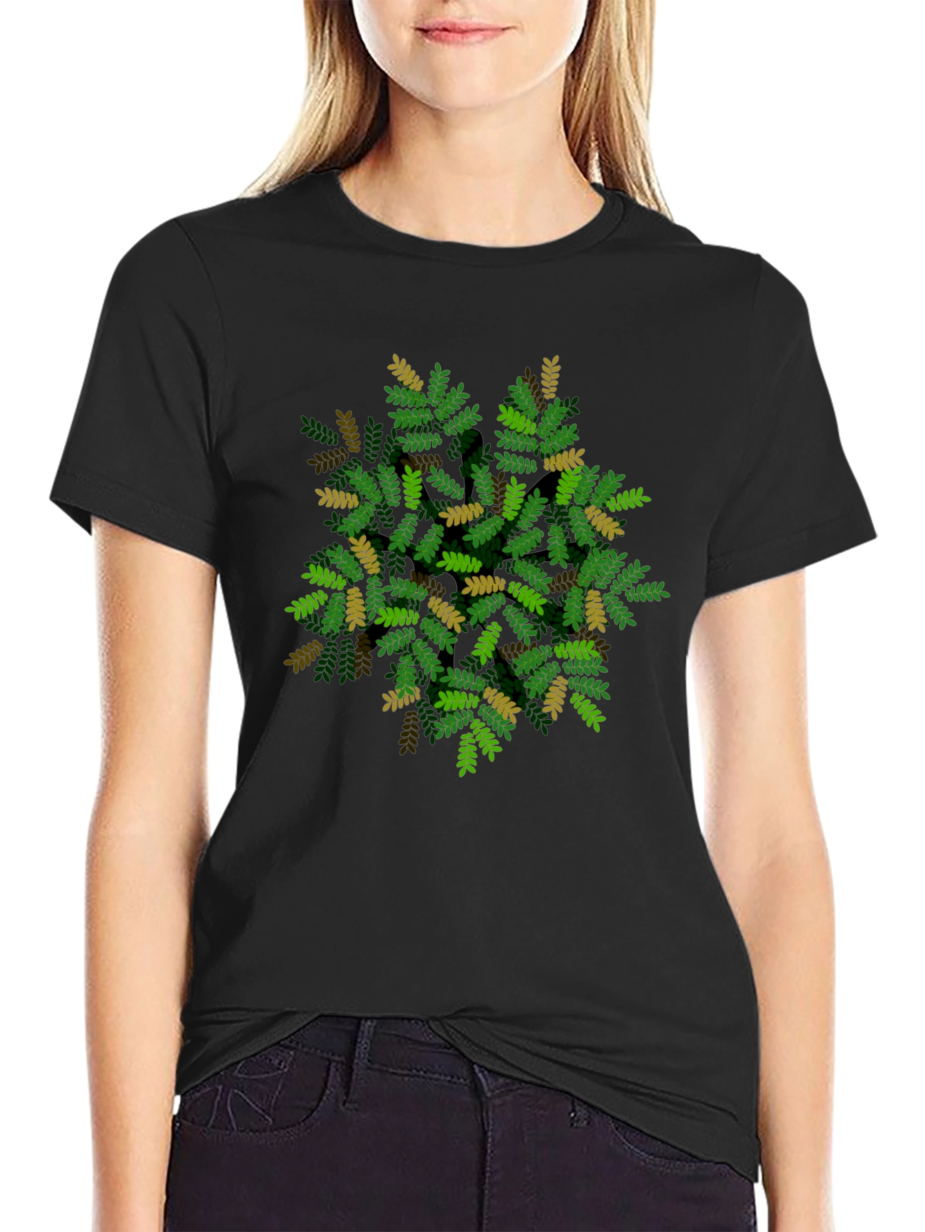 Black Leaf Pattern Black T-Shirt - Nature Inspired Design view 2