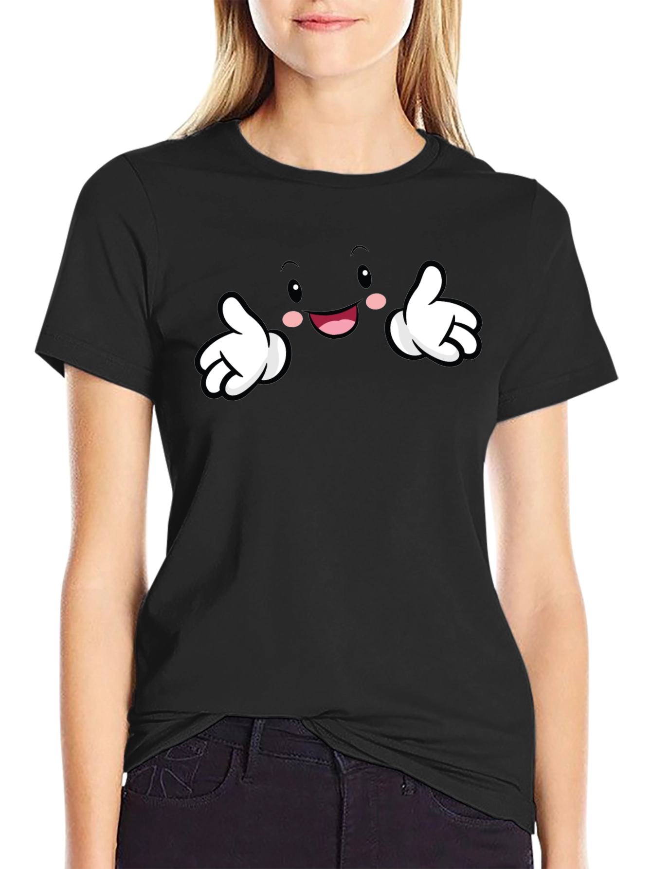 Black Funny Cartoon Face Black T-Shirt view 2