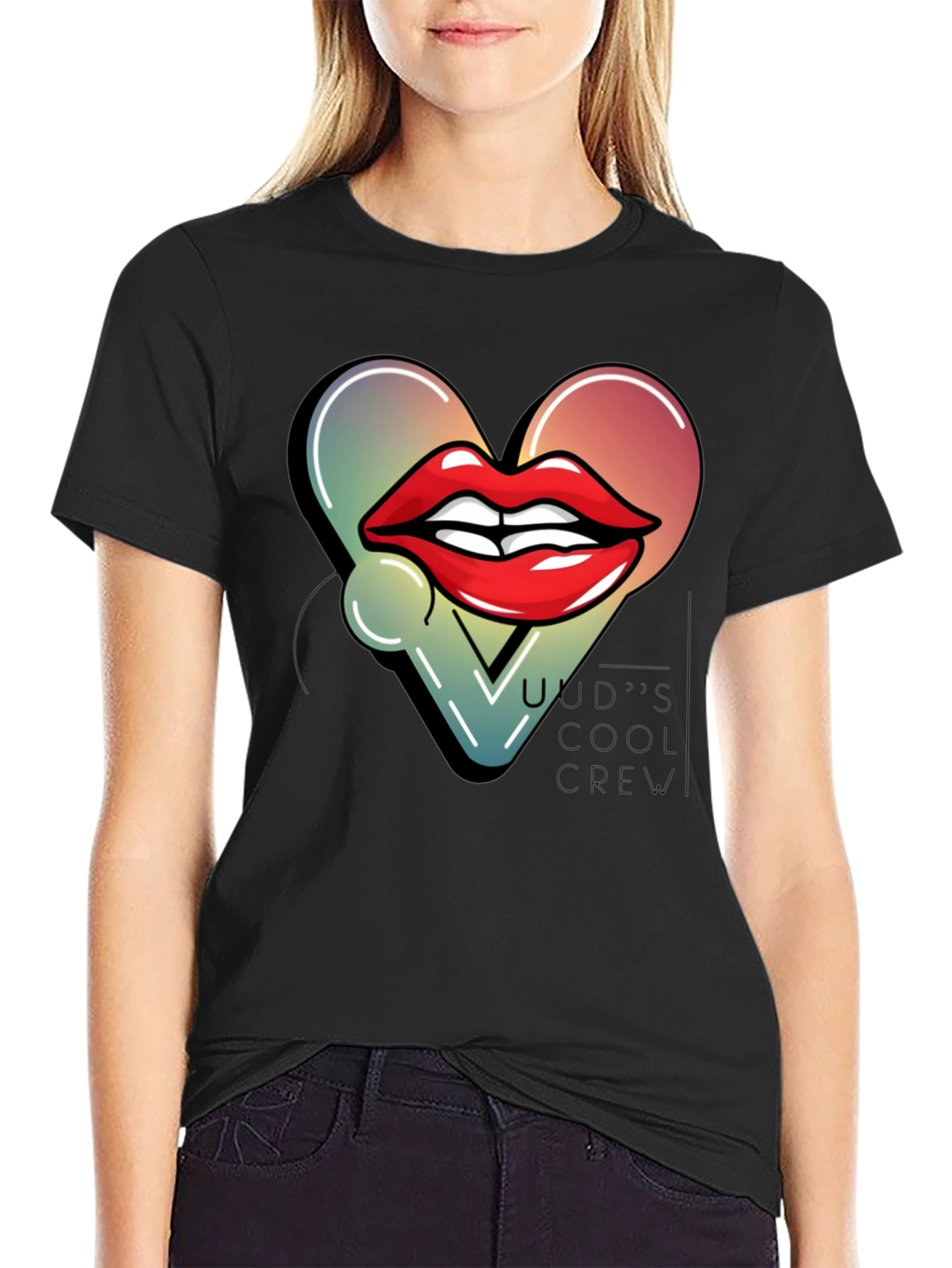 Black Trendy Lips Heart Graphic Black T-Shirt view 2