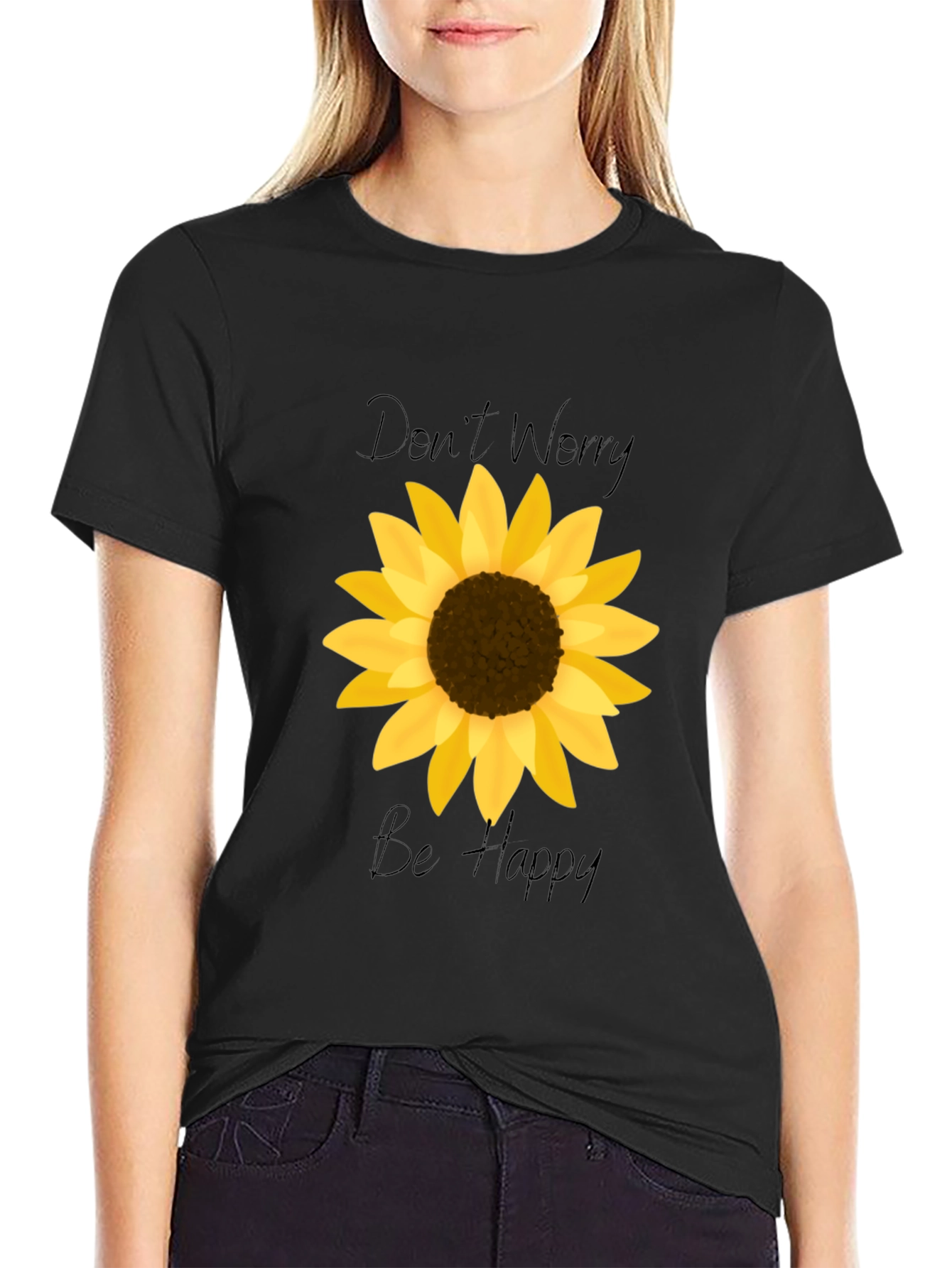 Black Don't Worry Be Happy Sunflower Graphic Tee view 2