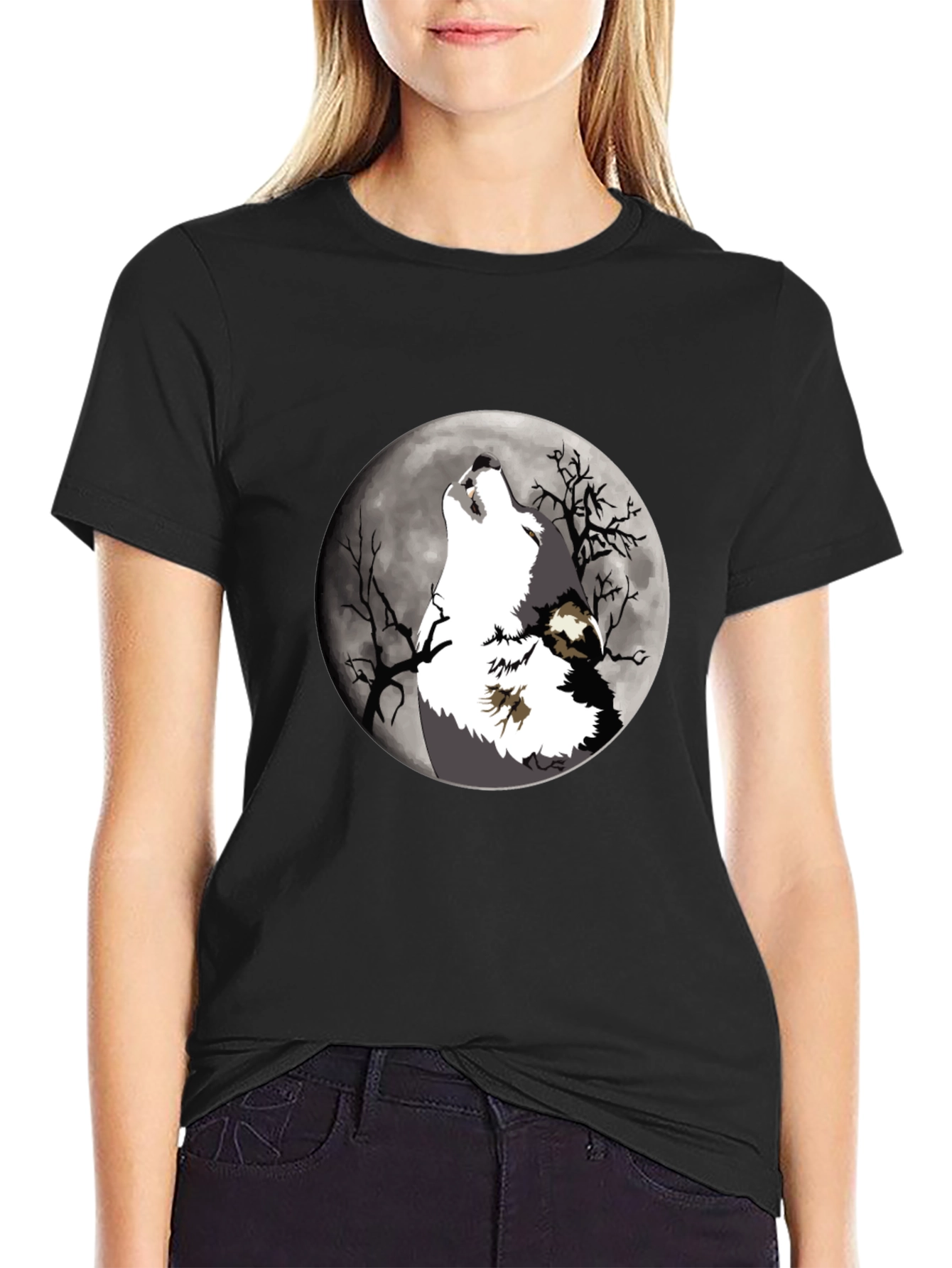 Black Wolf Howling at Moon Graphic T-Shirt view 2