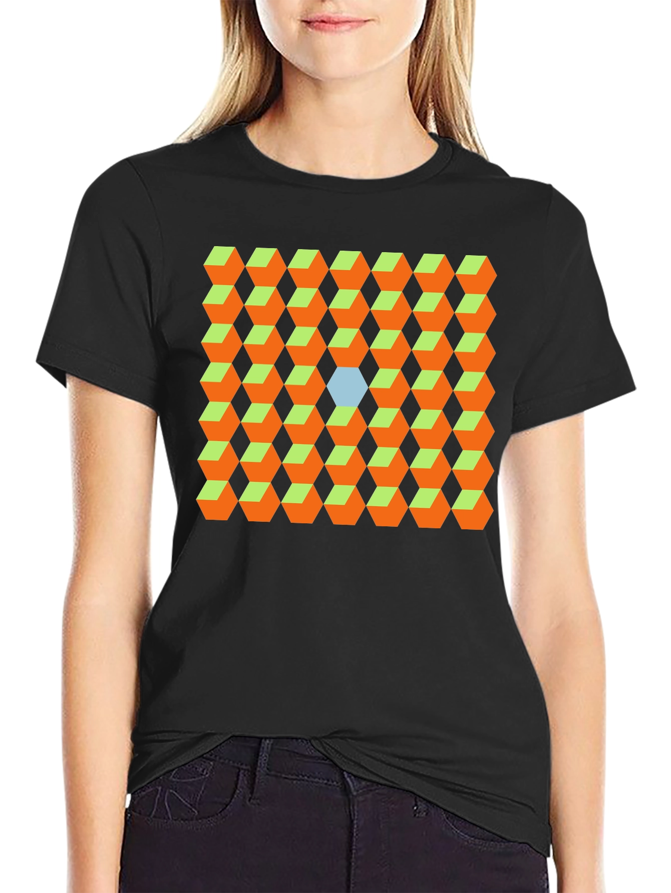 Black Geometric Cube Pattern T-Shirt - Optical Illusion Design view 2