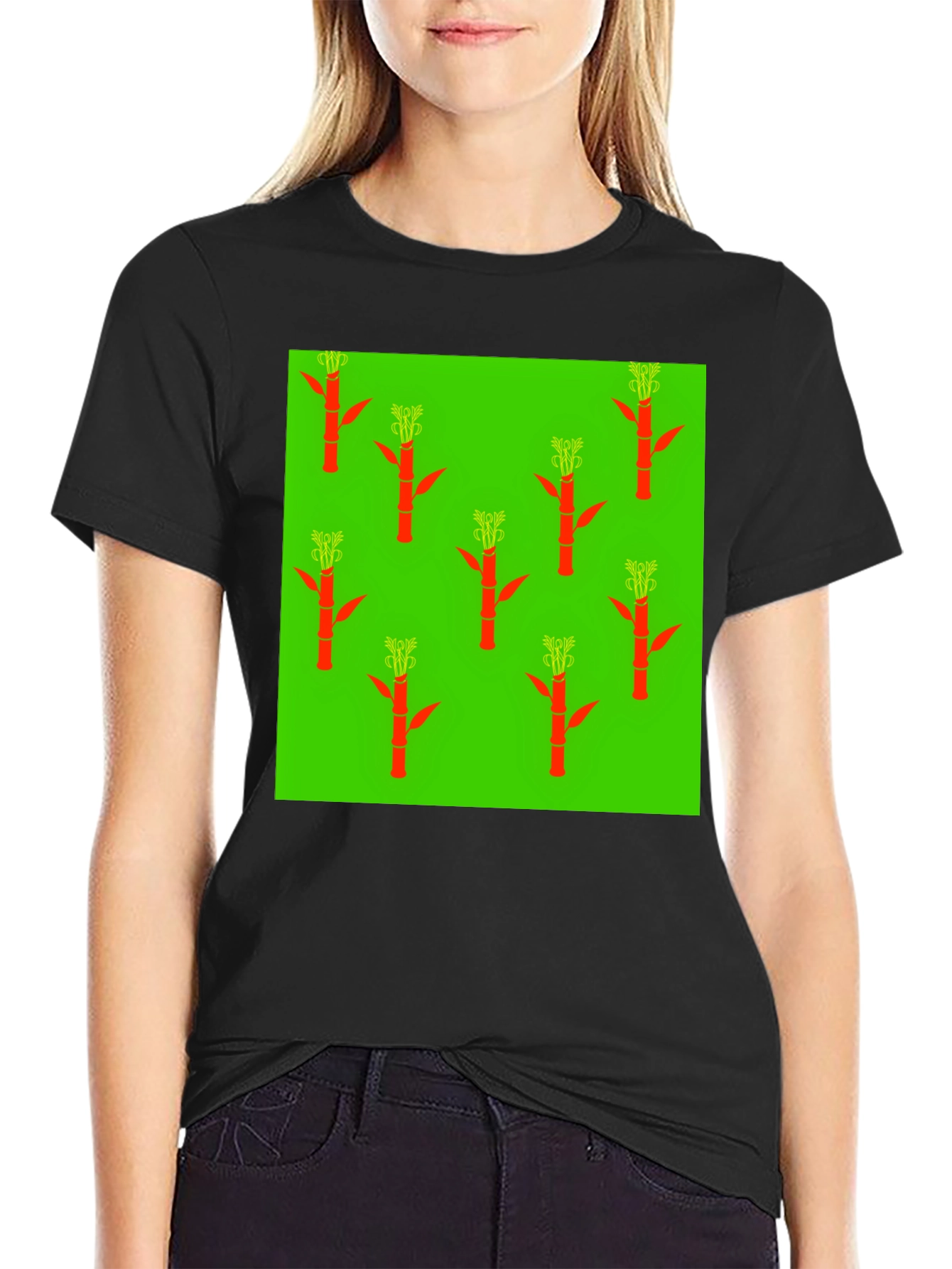 Black Botanical Bamboo Pattern T-Shirt view 2