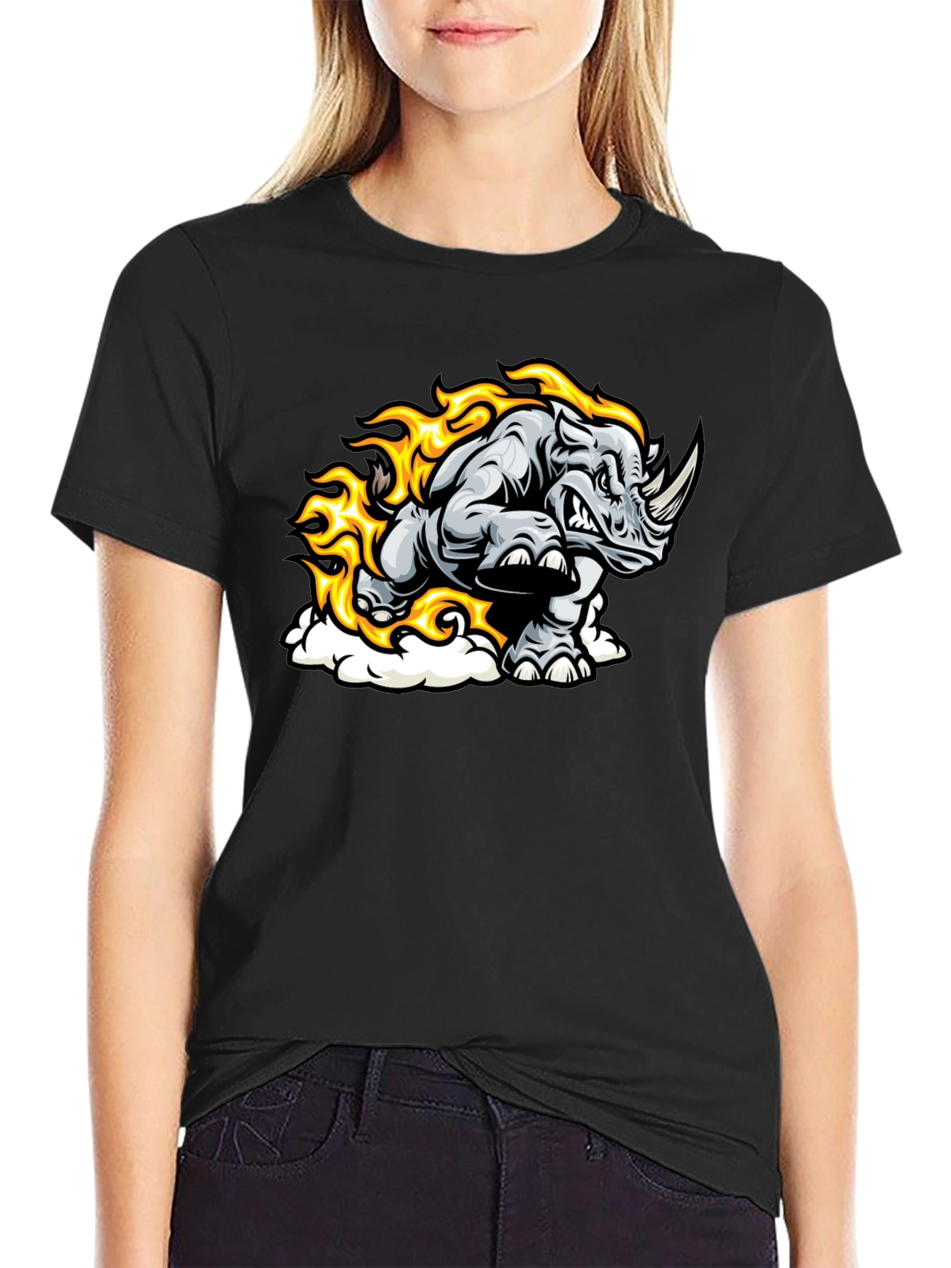 Black Fiery Rhino Graphic T-Shirt - Black Cotton Tee view 2