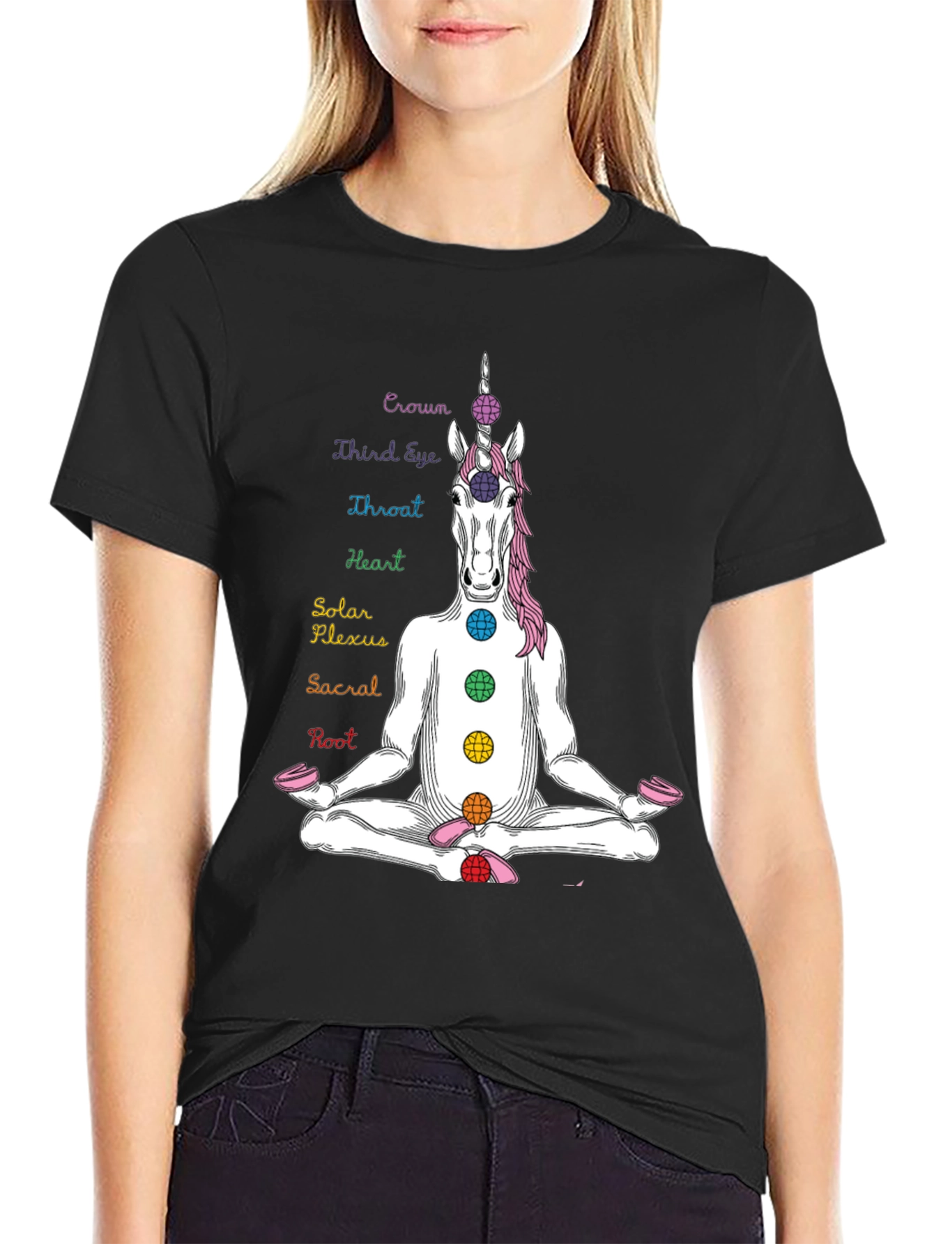 Black Unicorn Chakra T-Shirt - Meditating Yoga Design view 2