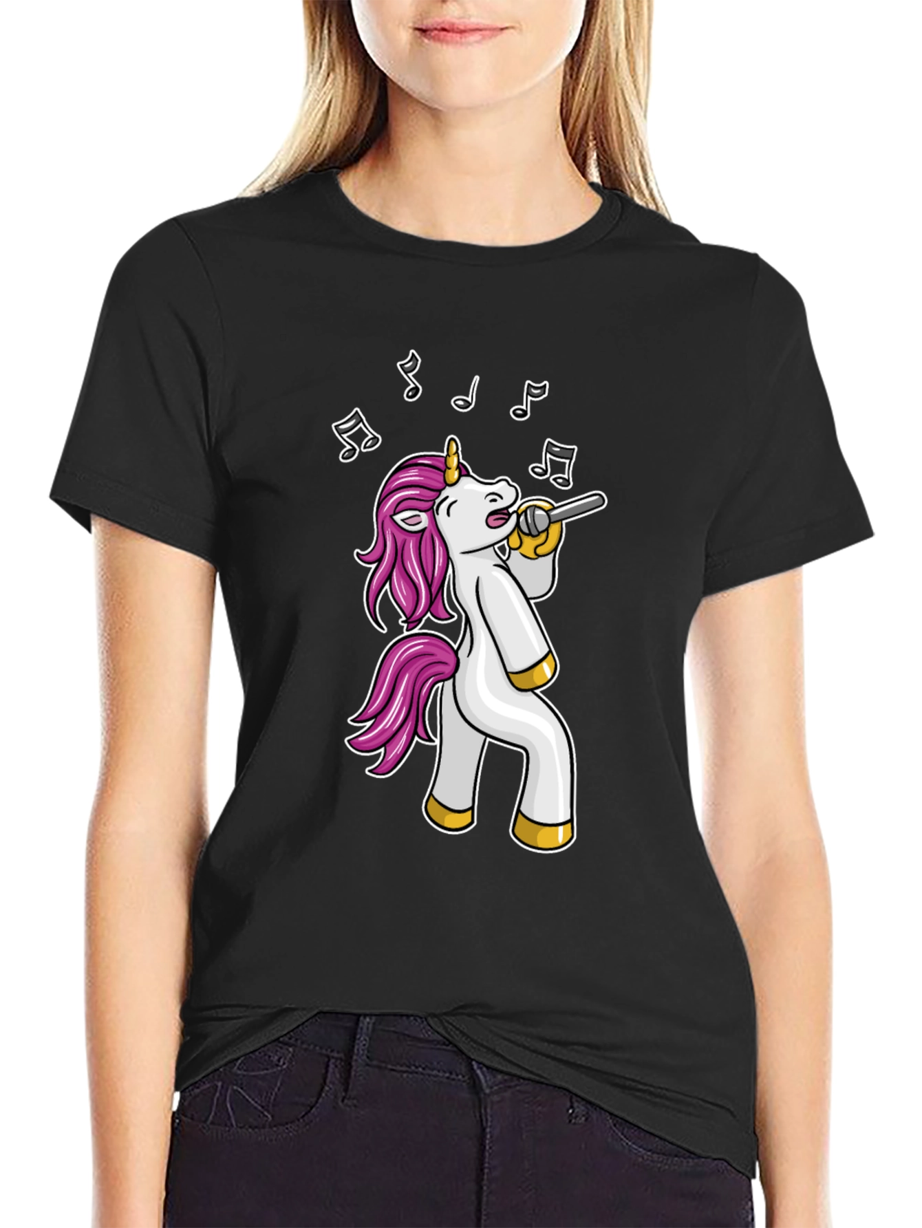 Black Singing Unicorn Black T-Shirt - Cartoon Animal Tee view 2