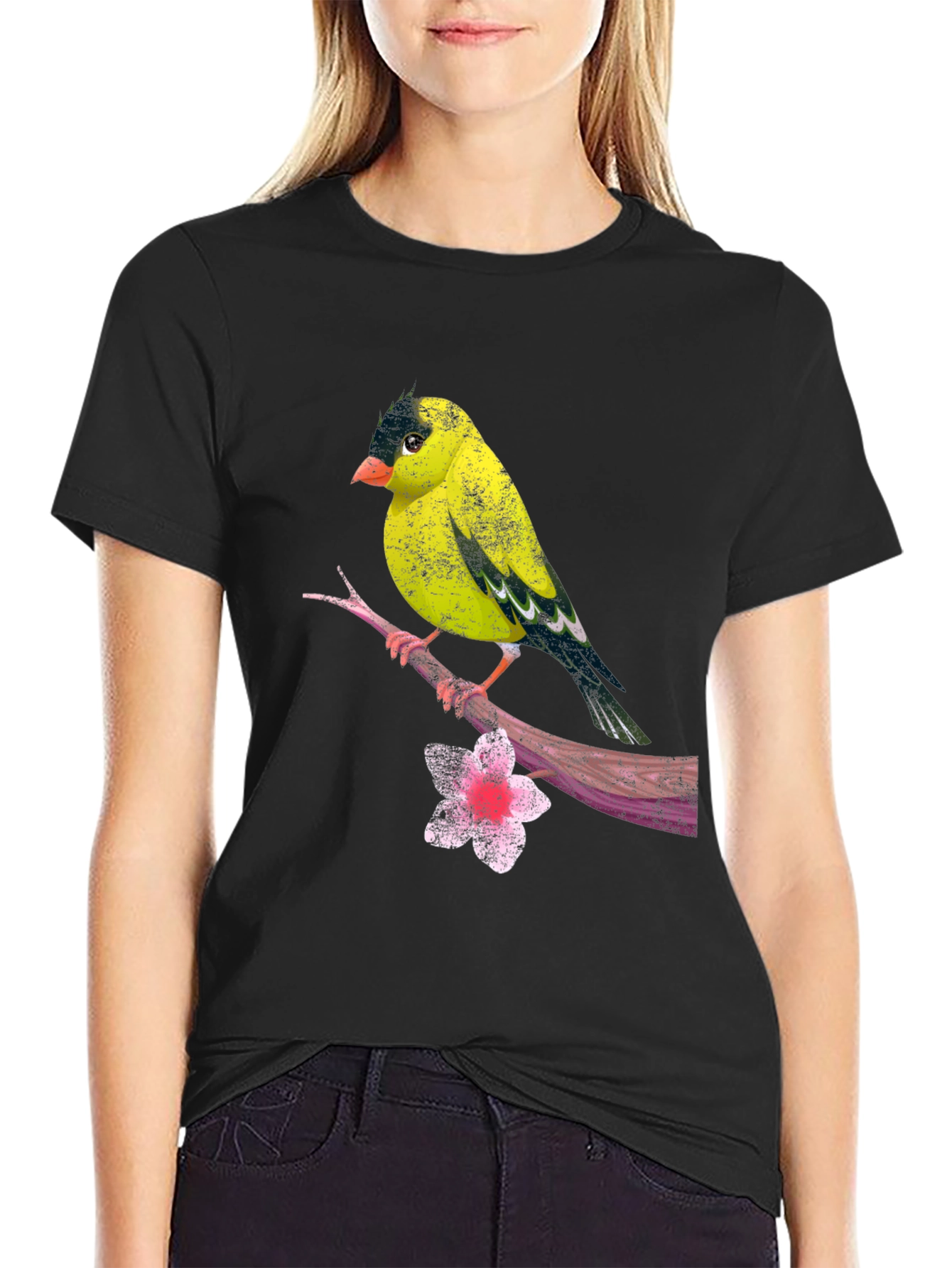 Black Bird on Branch Black T-Shirt view 2